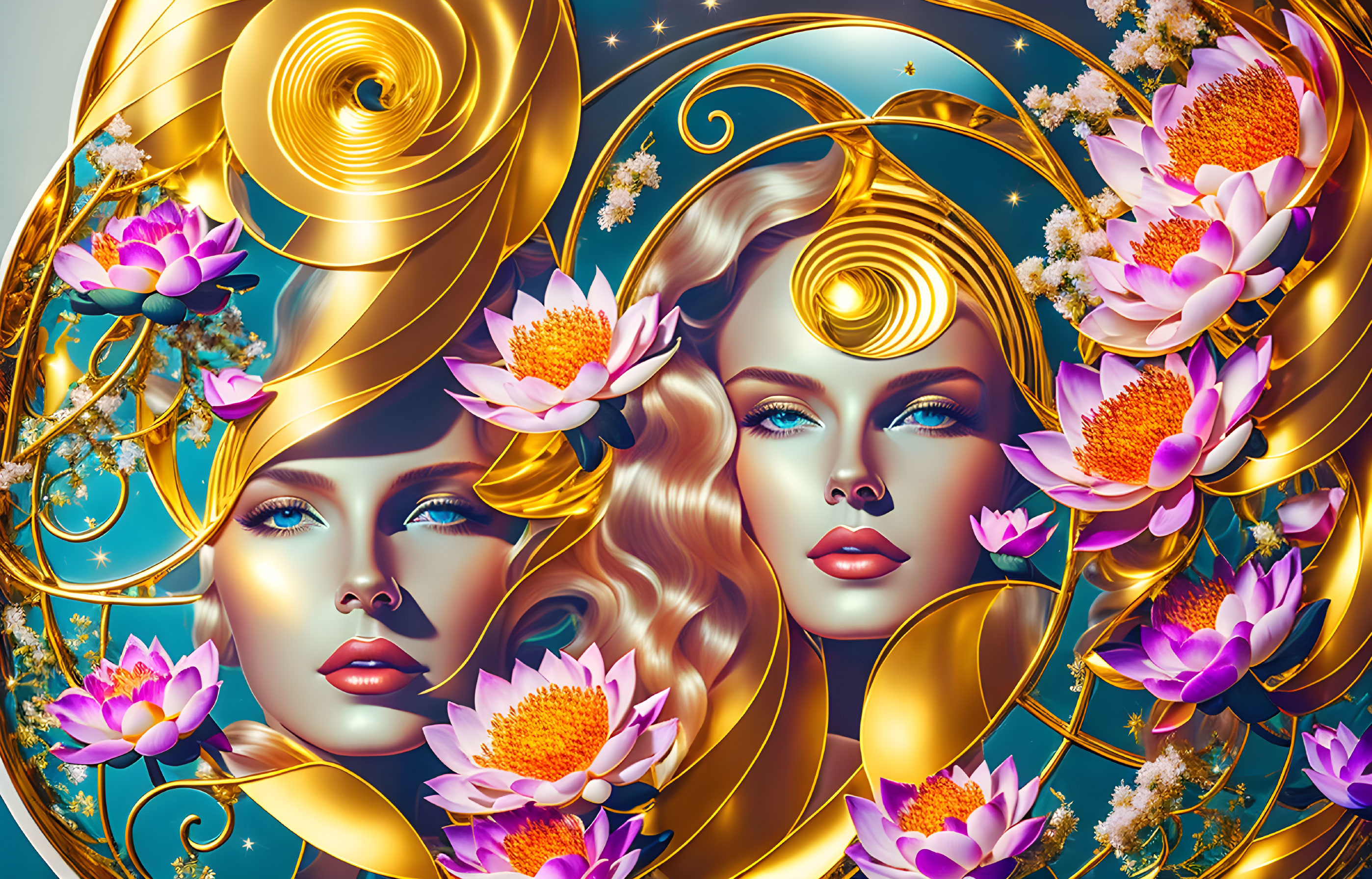 Stylized women's faces with gold spirals and lotus flowers in celestial theme