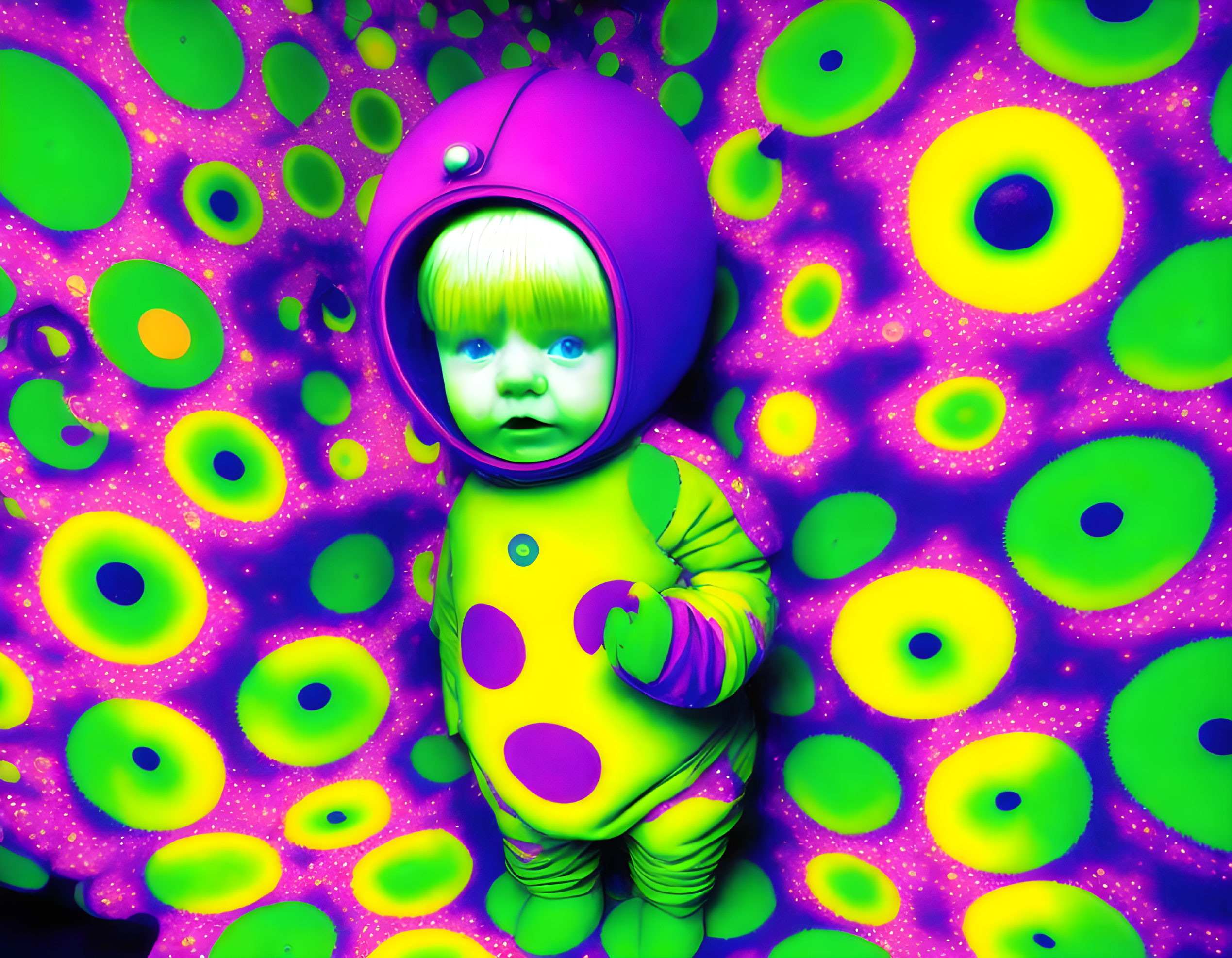 Toddler in purple helmet and green bodysuit on psychedelic background