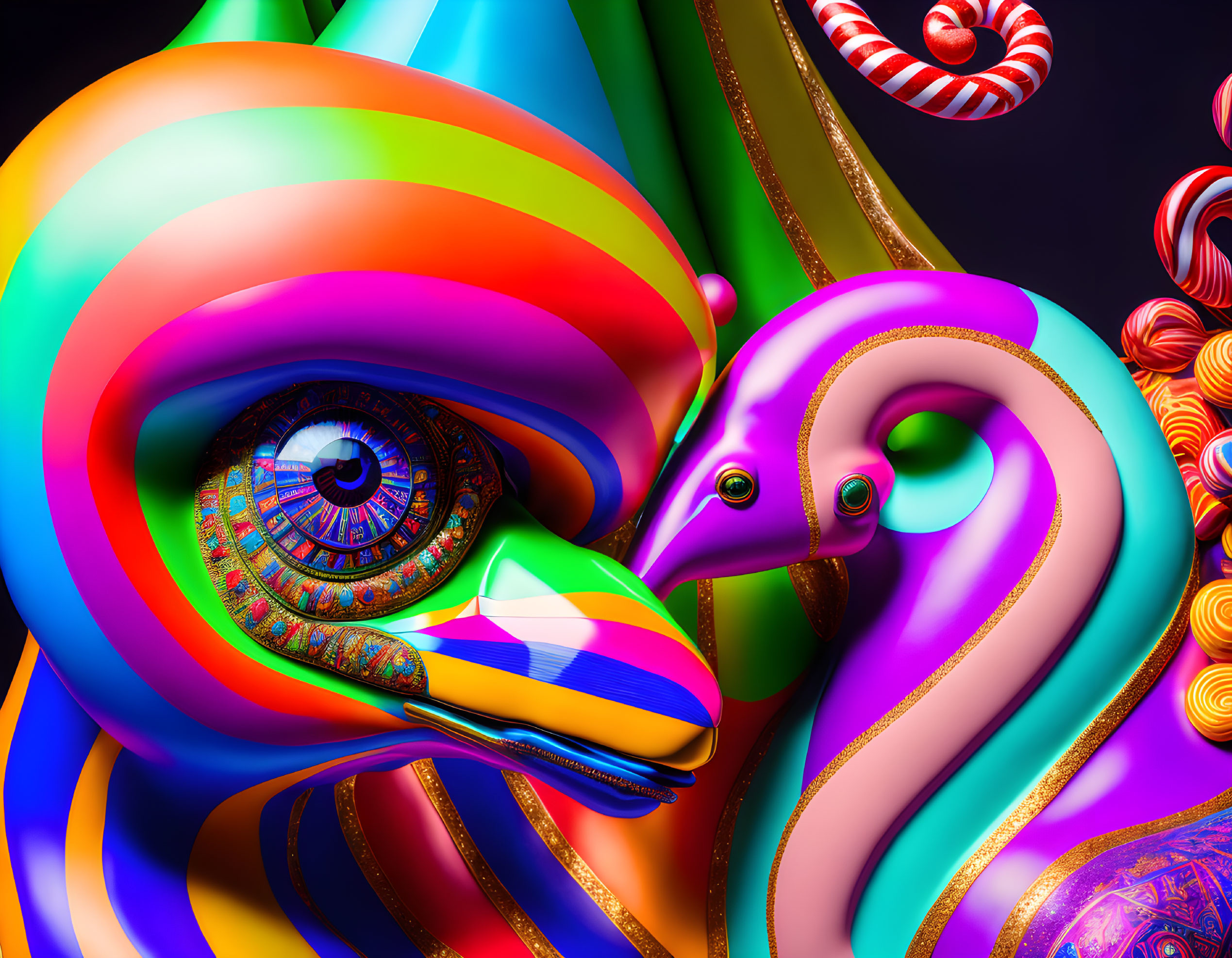 Colorful swirling abstract design with eye in surreal candy landscape