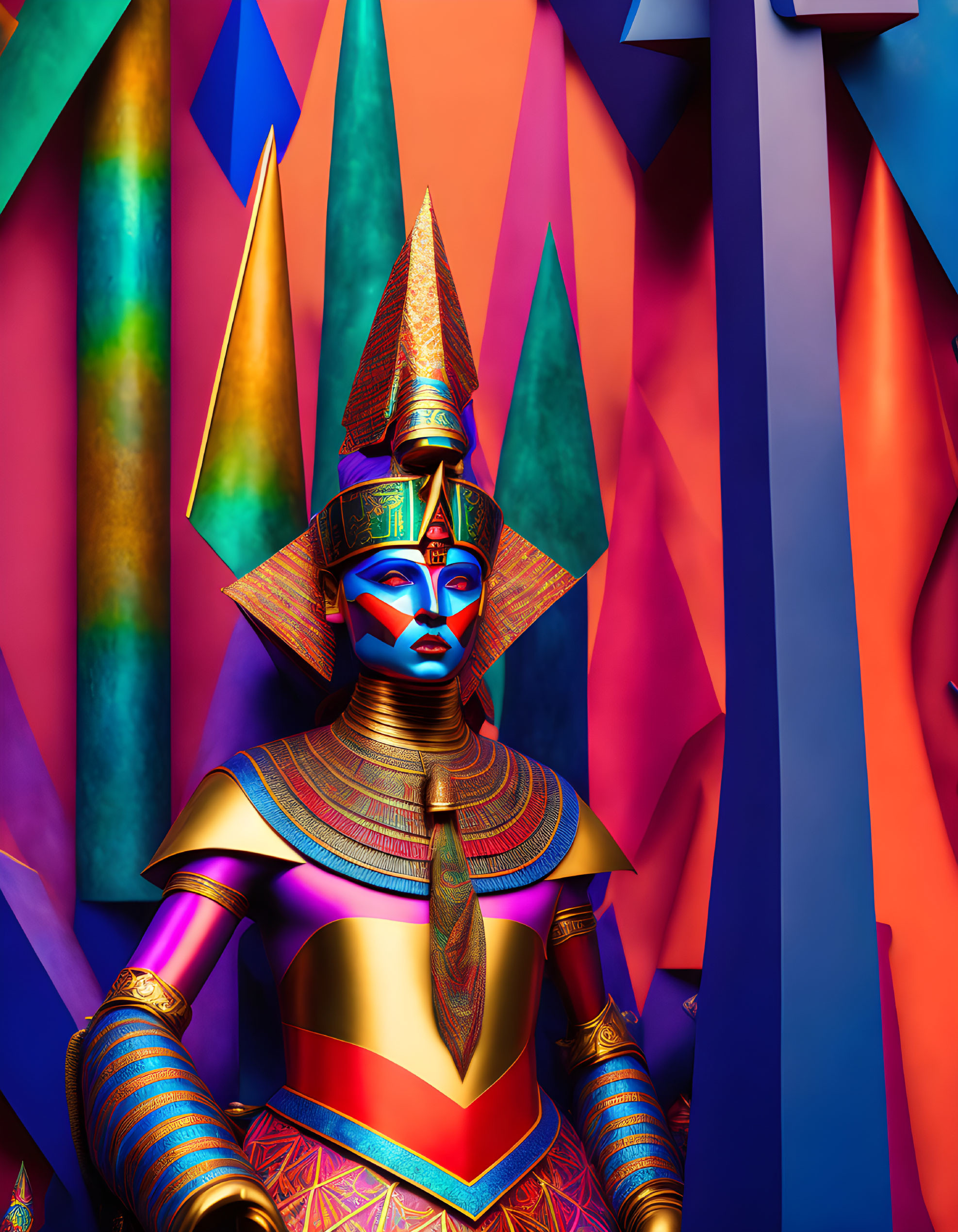 Colorful digital artwork: Stylized character in Egyptian headdress and armor amid geometric shapes