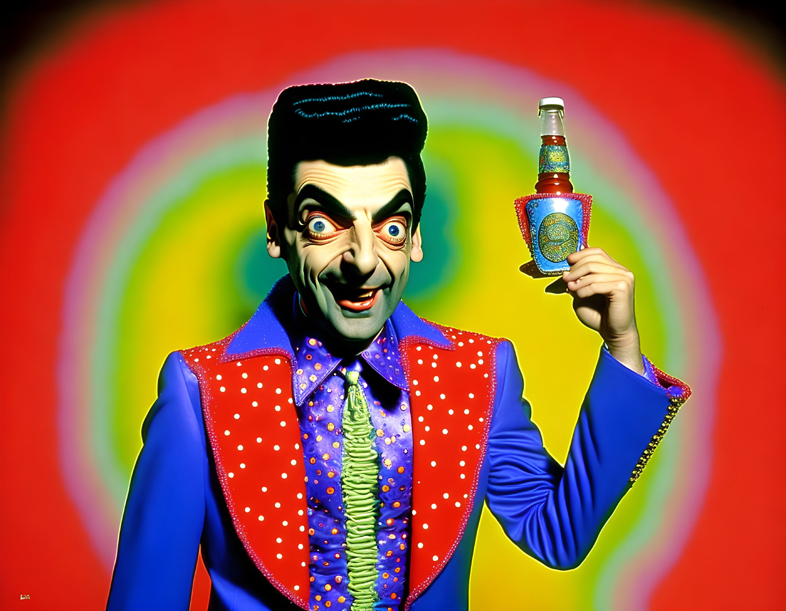 Colorful Costume Person Holding Bottle Against Vibrant Spiral Background