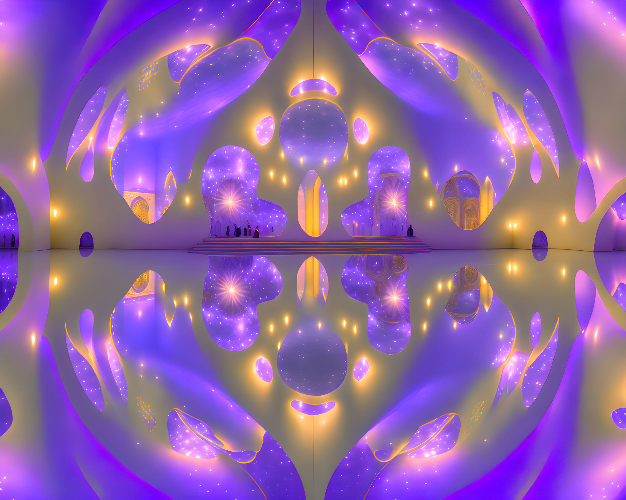 Mirrored Room with Purple and Golden Hues