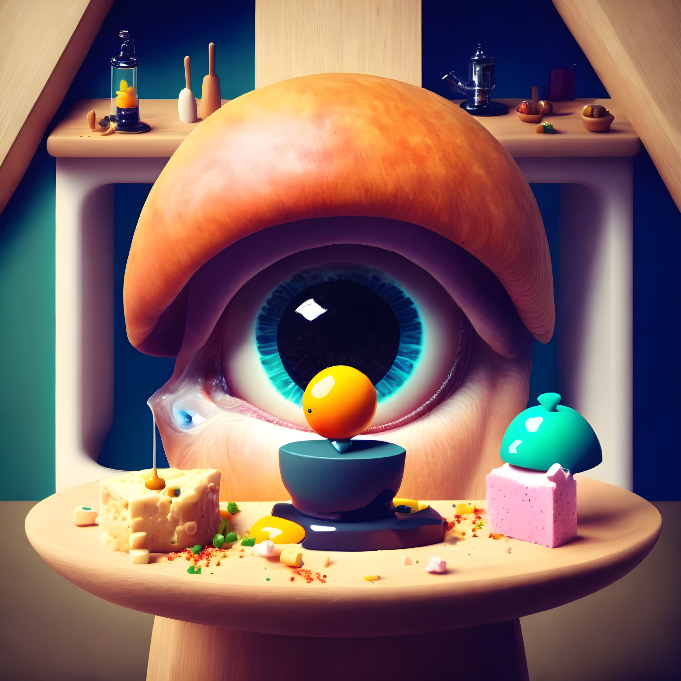 Surreal Giant Eye Artwork on Table with Whimsical Objects