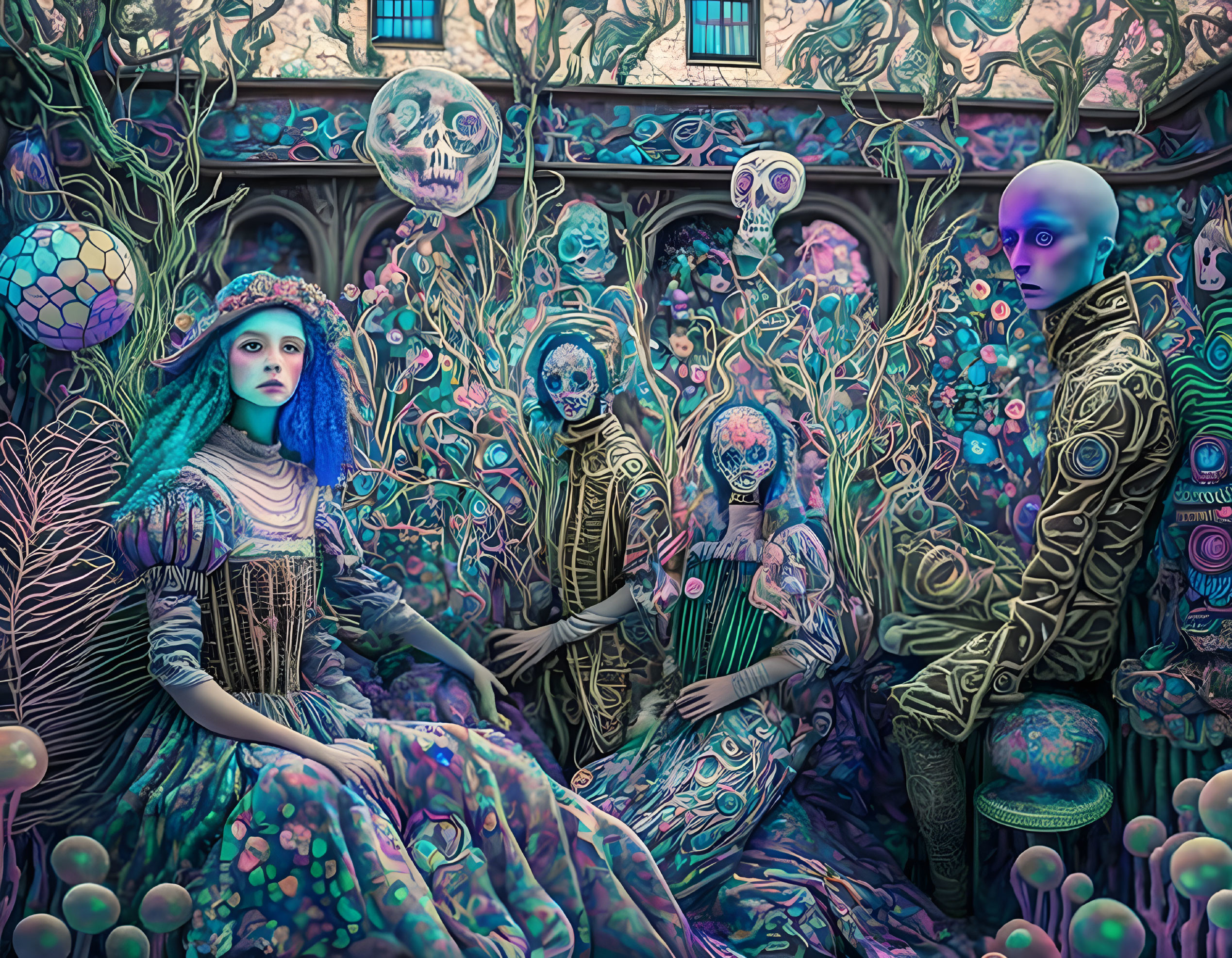 Four skull-faced figures in vibrant, surreal forest scene