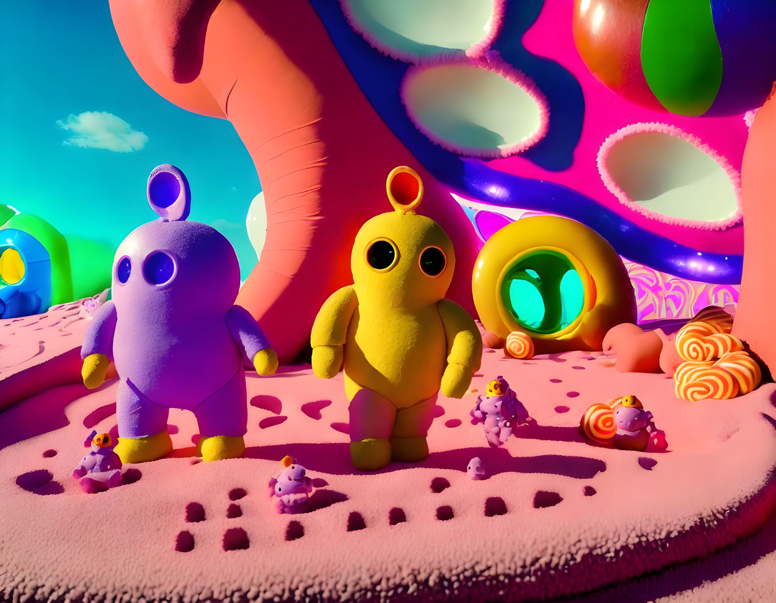 Vibrant Fantasy Landscape with Colorful Animated Characters