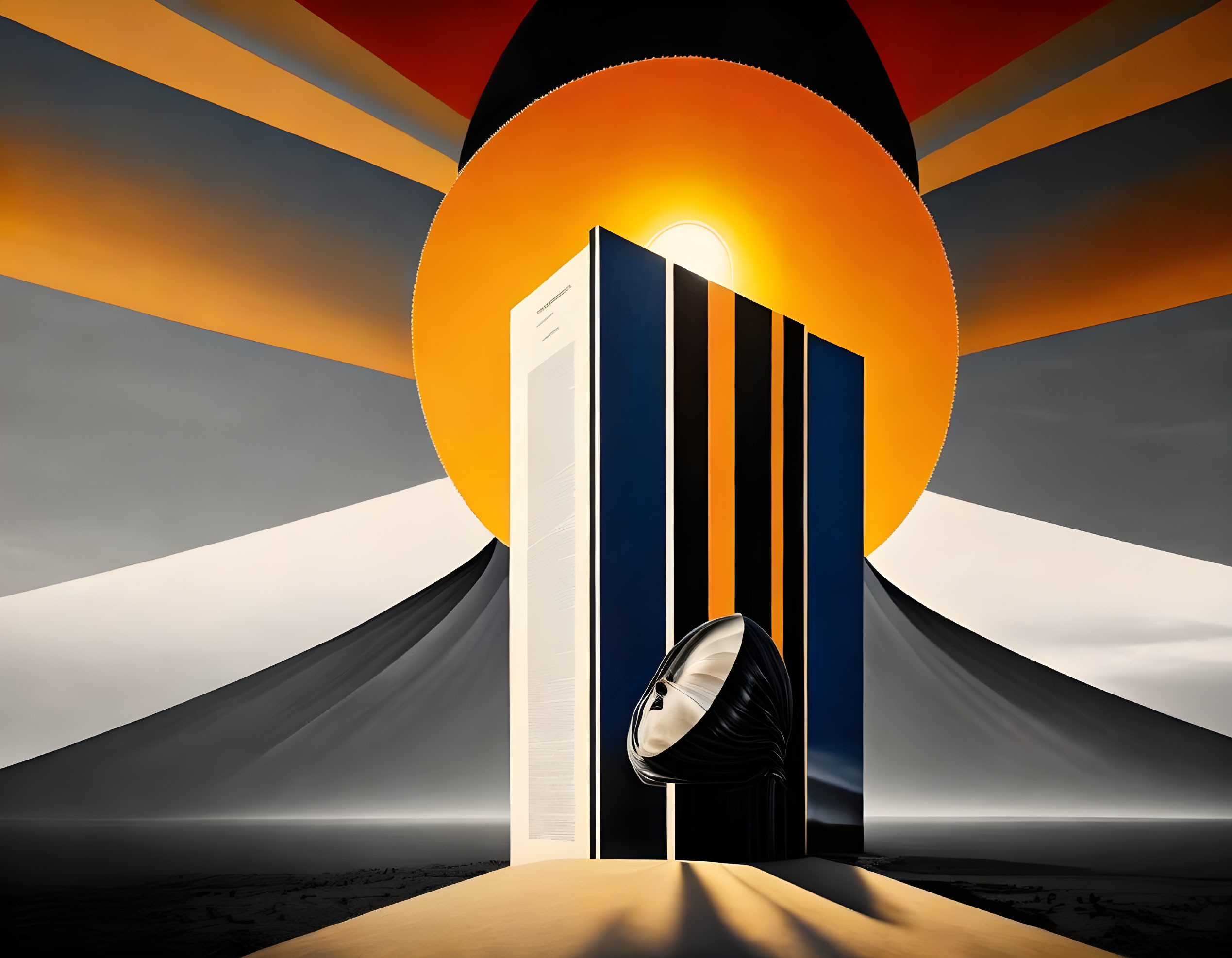 Surreal image of tall striped door, bright light, dark mountains, and imposing sun