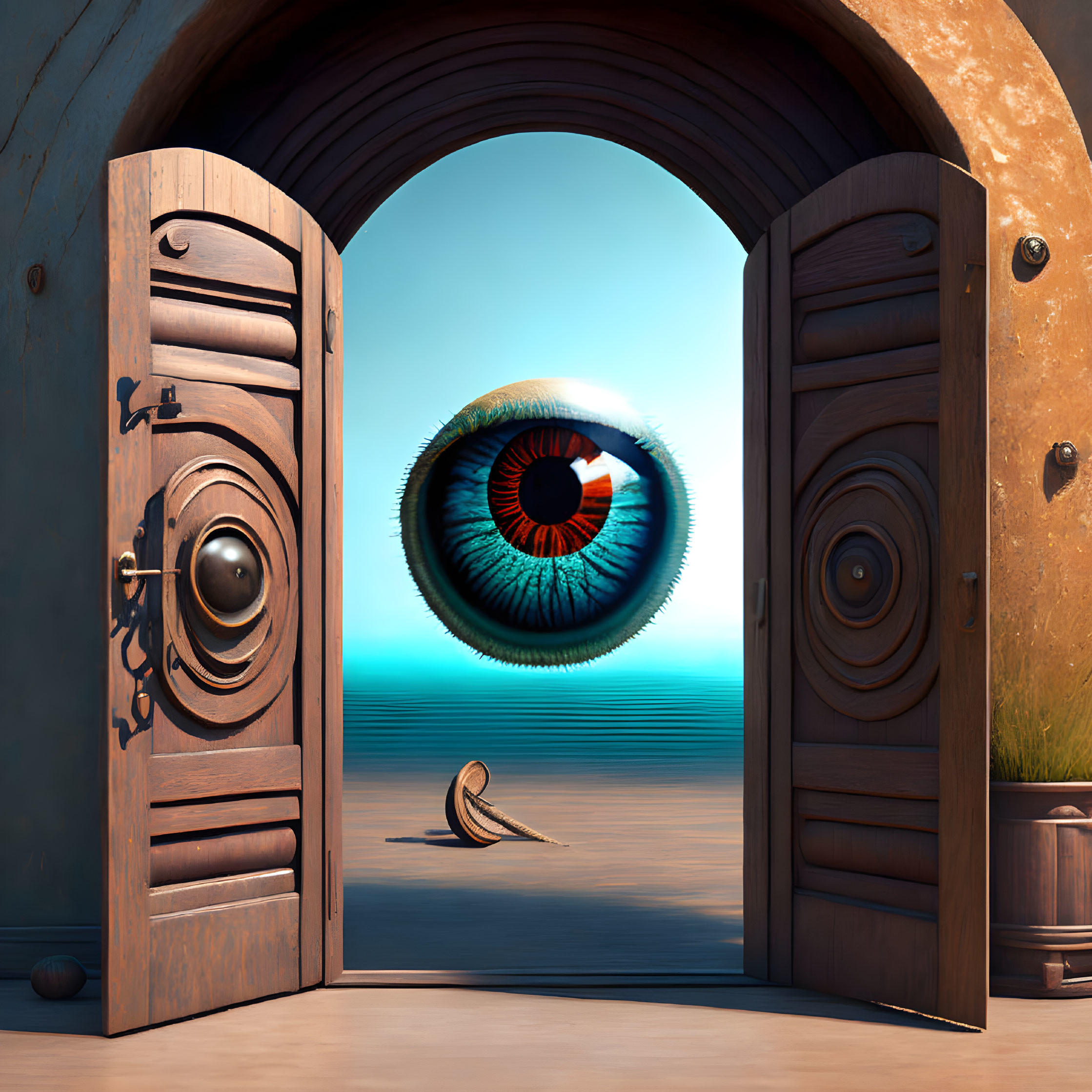 Wooden arched door with floating eye over ocean and banana peel.