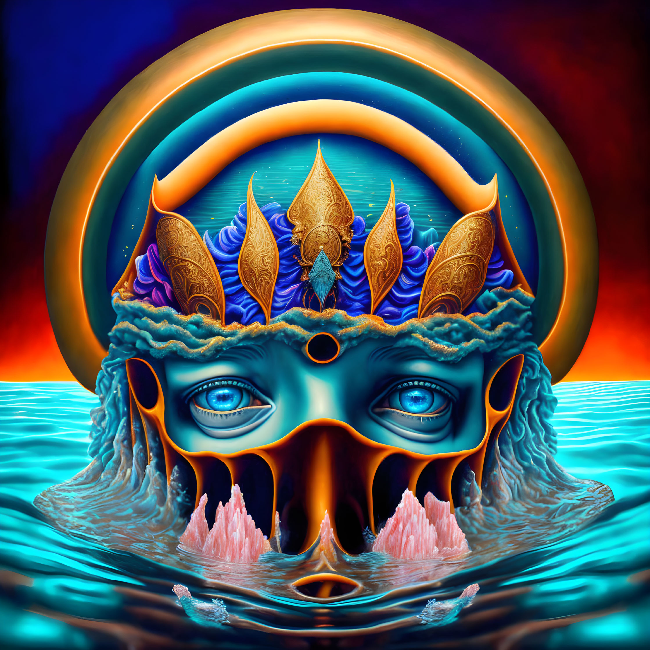 Surreal artwork: Face with multiple eyes in water, ornate headgear, fiery skies,