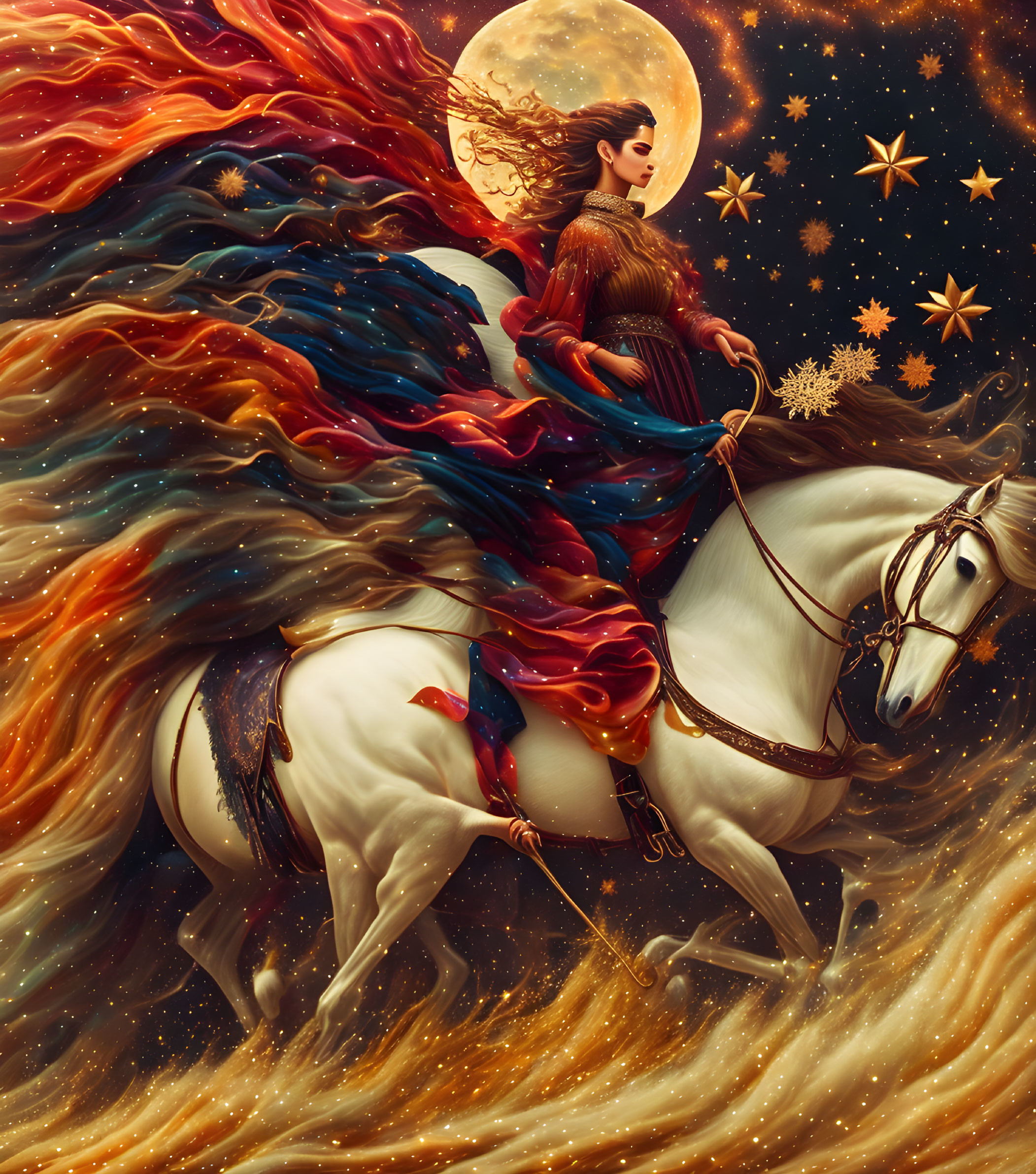 Woman with flowing hair rides white horse under cosmic sky