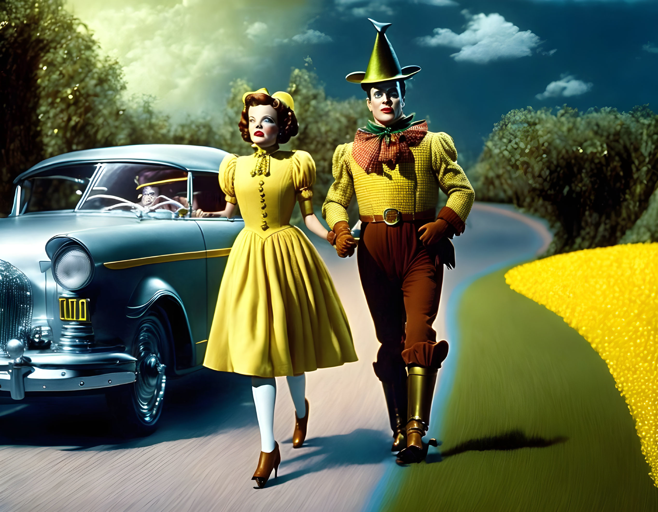 Stylized image of woman and man in colorful outfits on road with vintage car