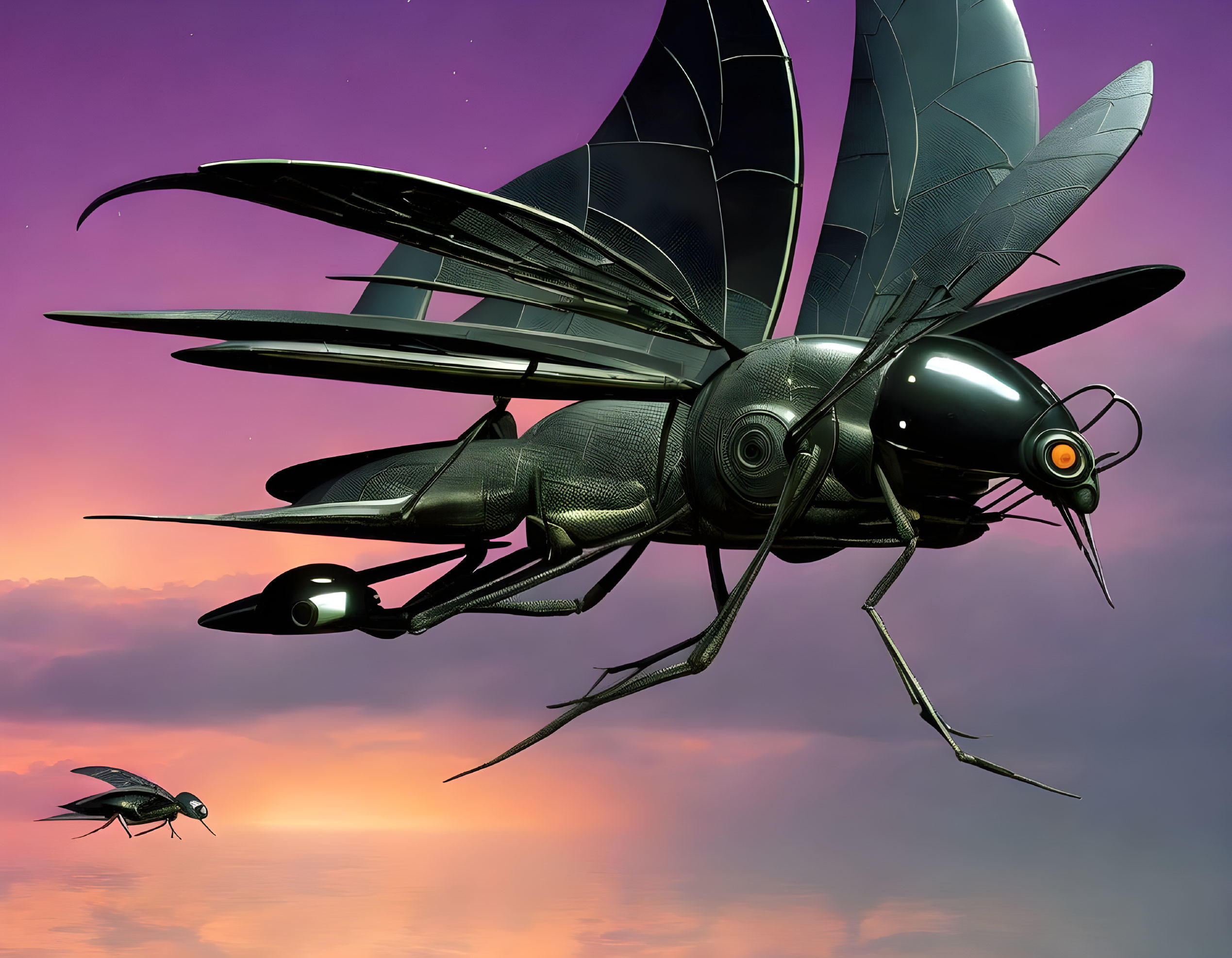 Mechanical dragonflies in purple sunset sky artwork