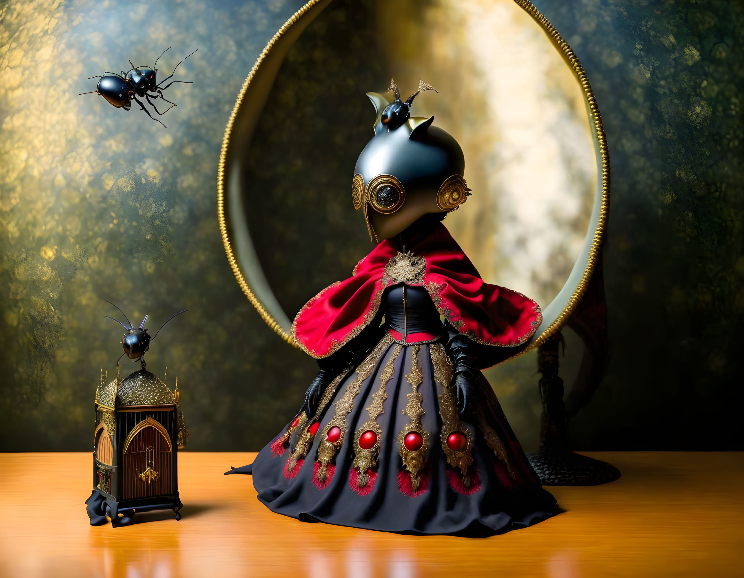 Steampunk-inspired doll with black and red dress, gear eyes, crown, lantern, and drone