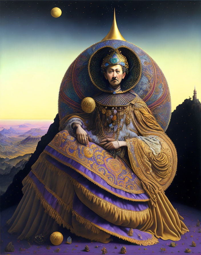 Regal figure in gold-accented robes against desert landscape