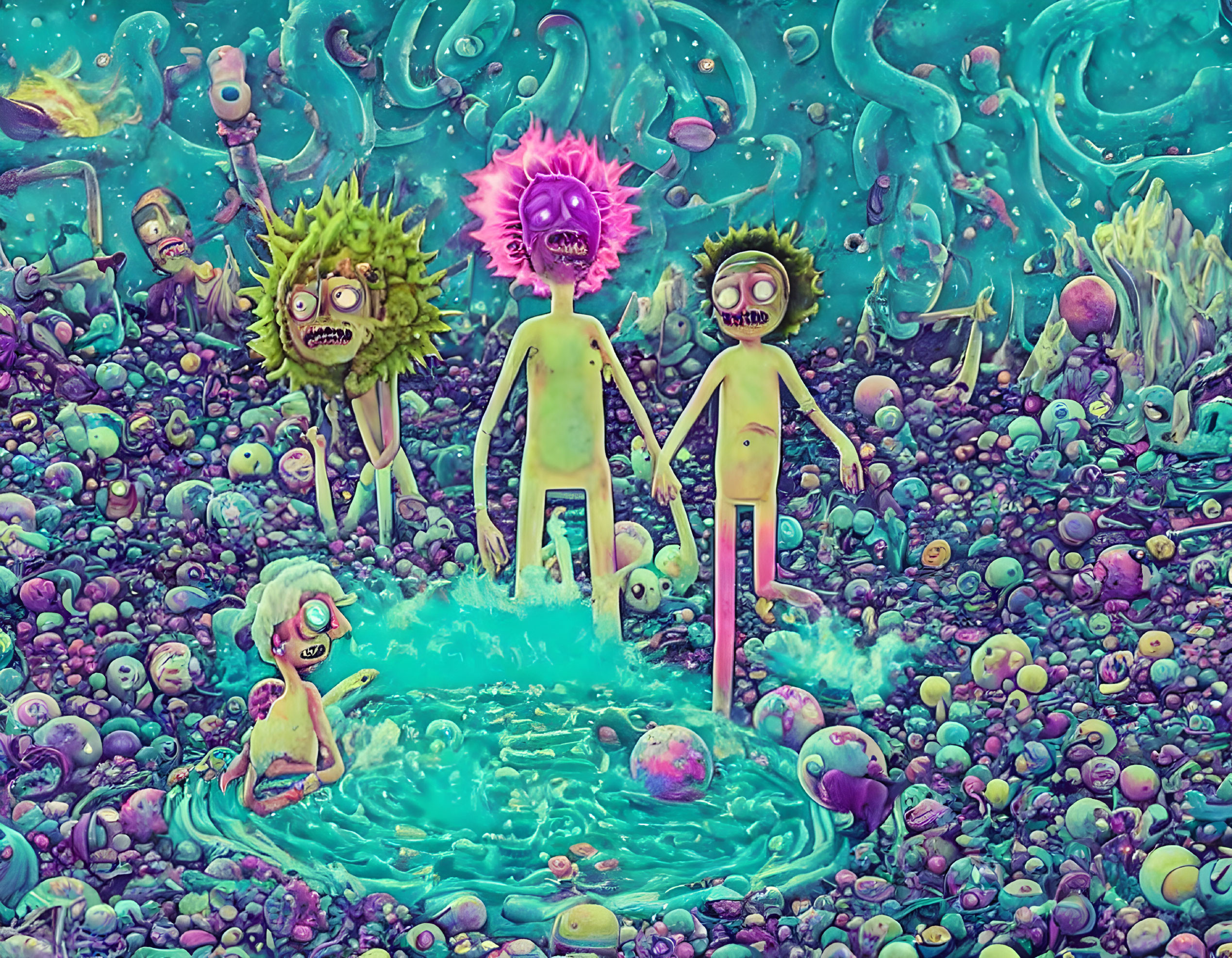 Psychedelic illustration of three characters in alien landscape