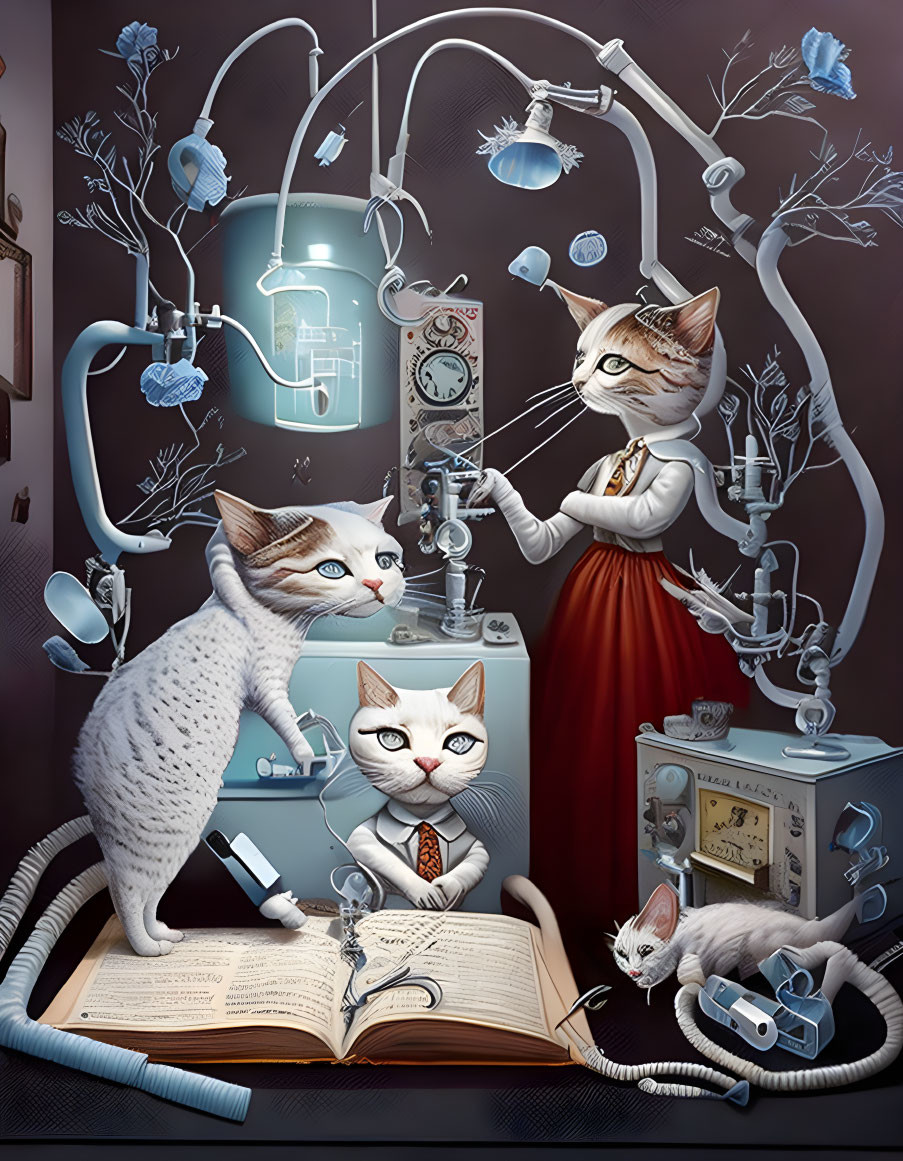 Anthropomorphic cats in whimsical laboratory setting with scientific tools.