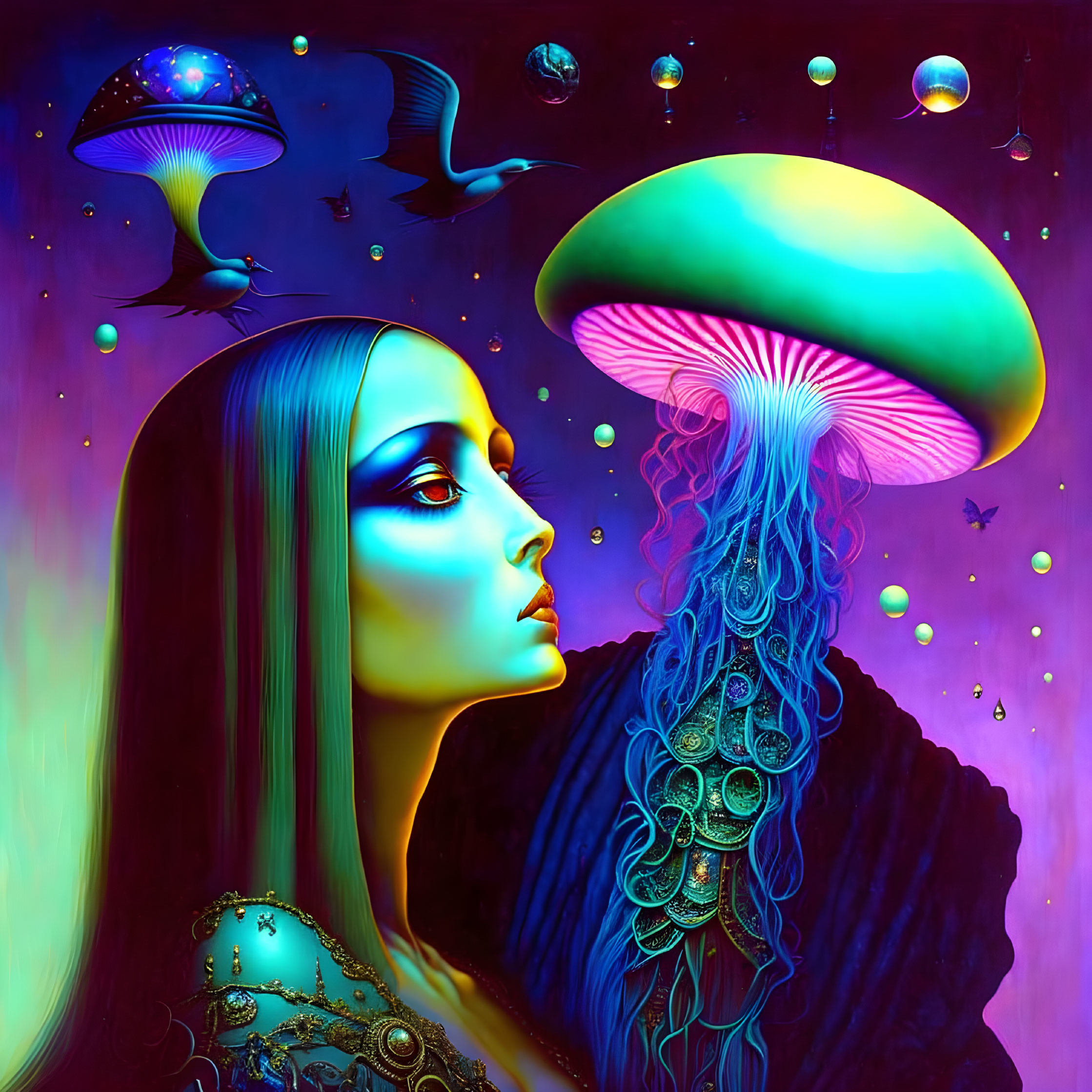 Colorful digital artwork: Woman with jellyfish hair in psychedelic scene