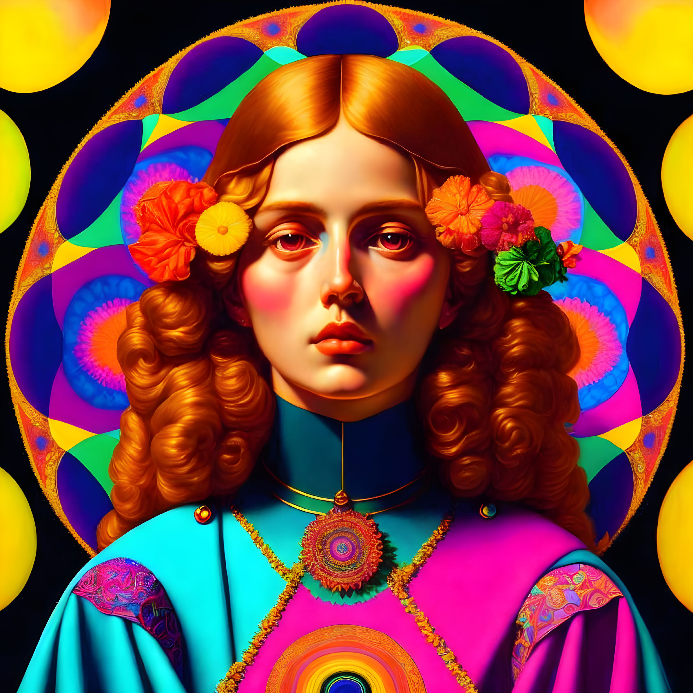 Vivid portrait of woman with golden hair and floral adornments against psychedelic background