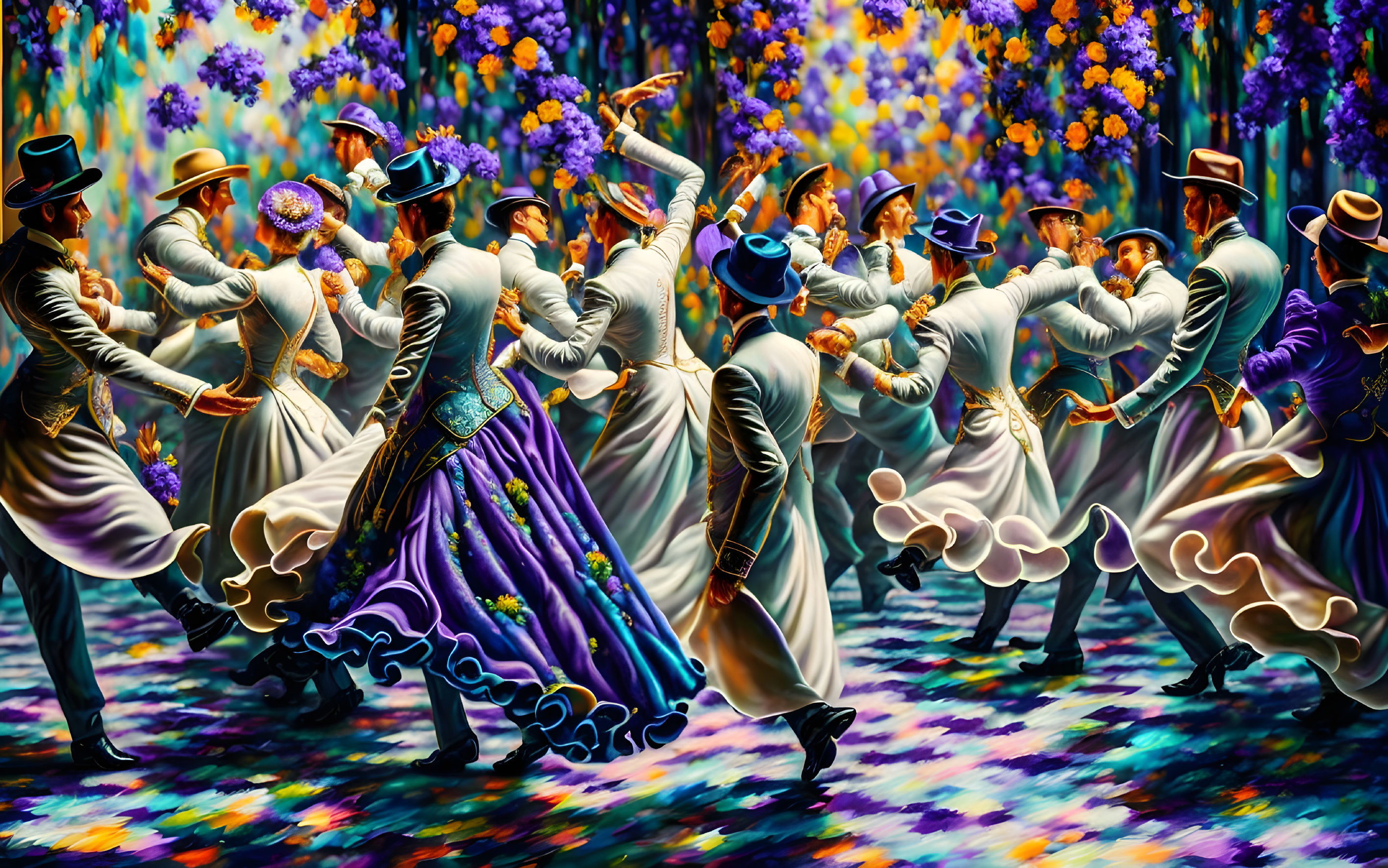 Colorful Dance Scene with Traditional Attire and Swirling Dresses