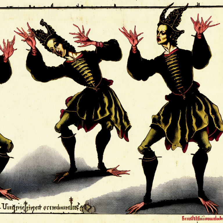 Illustration of two figures in jester costumes performing a dance with extended fingers