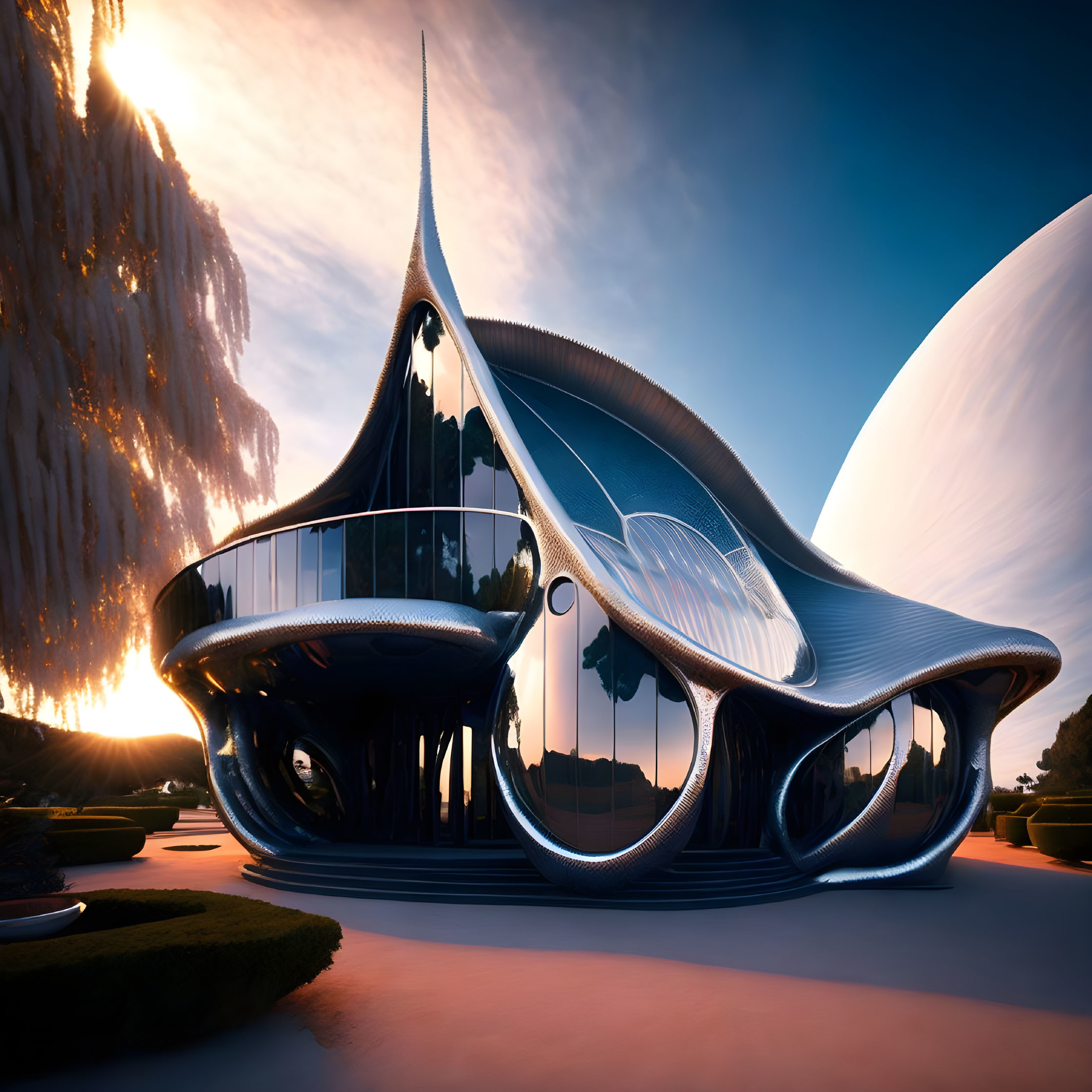 Futuristic building against alien landscape with large planet at dusk