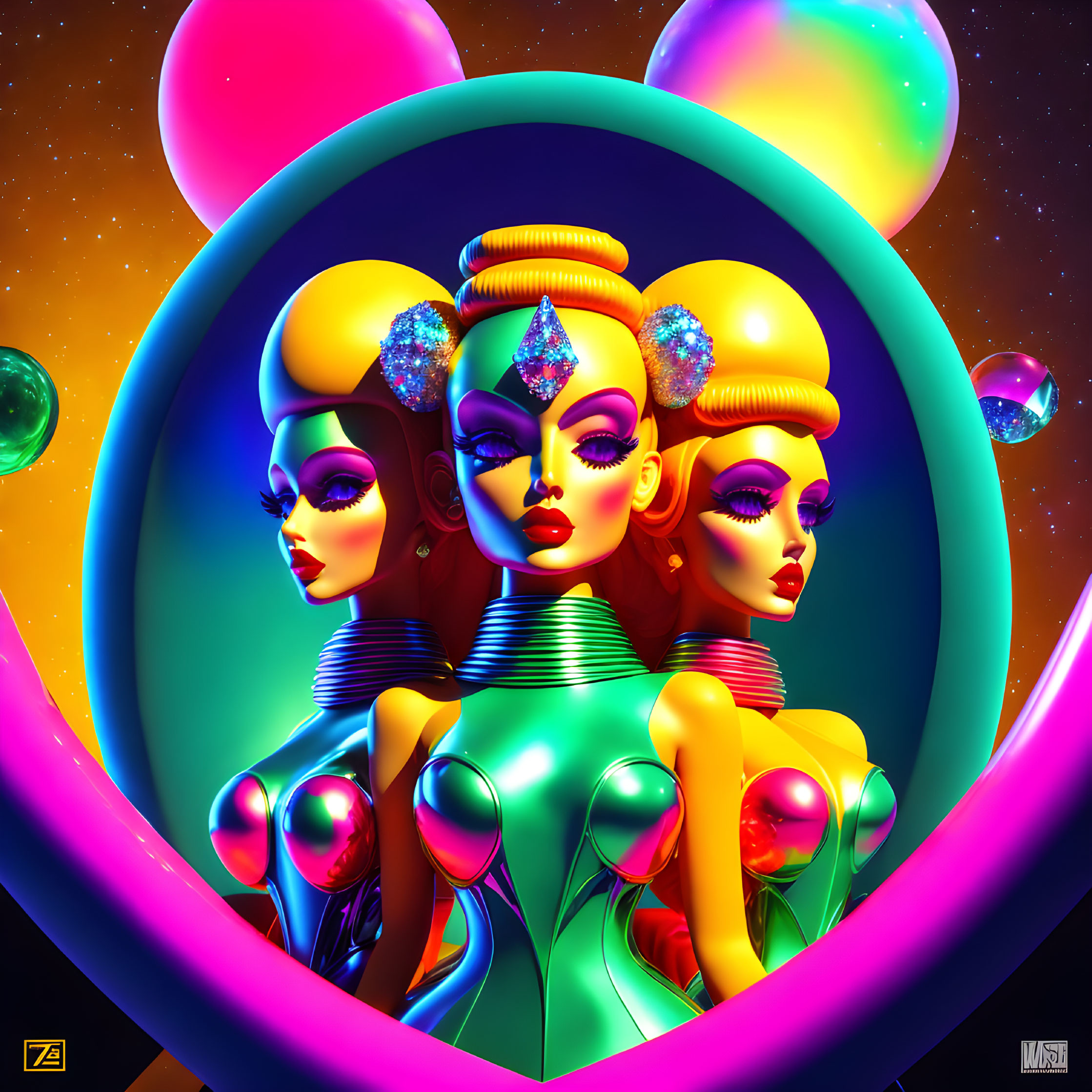 Three futuristic female figures with exaggerated hairstyles and metallic clothing in a neon-lit setting.