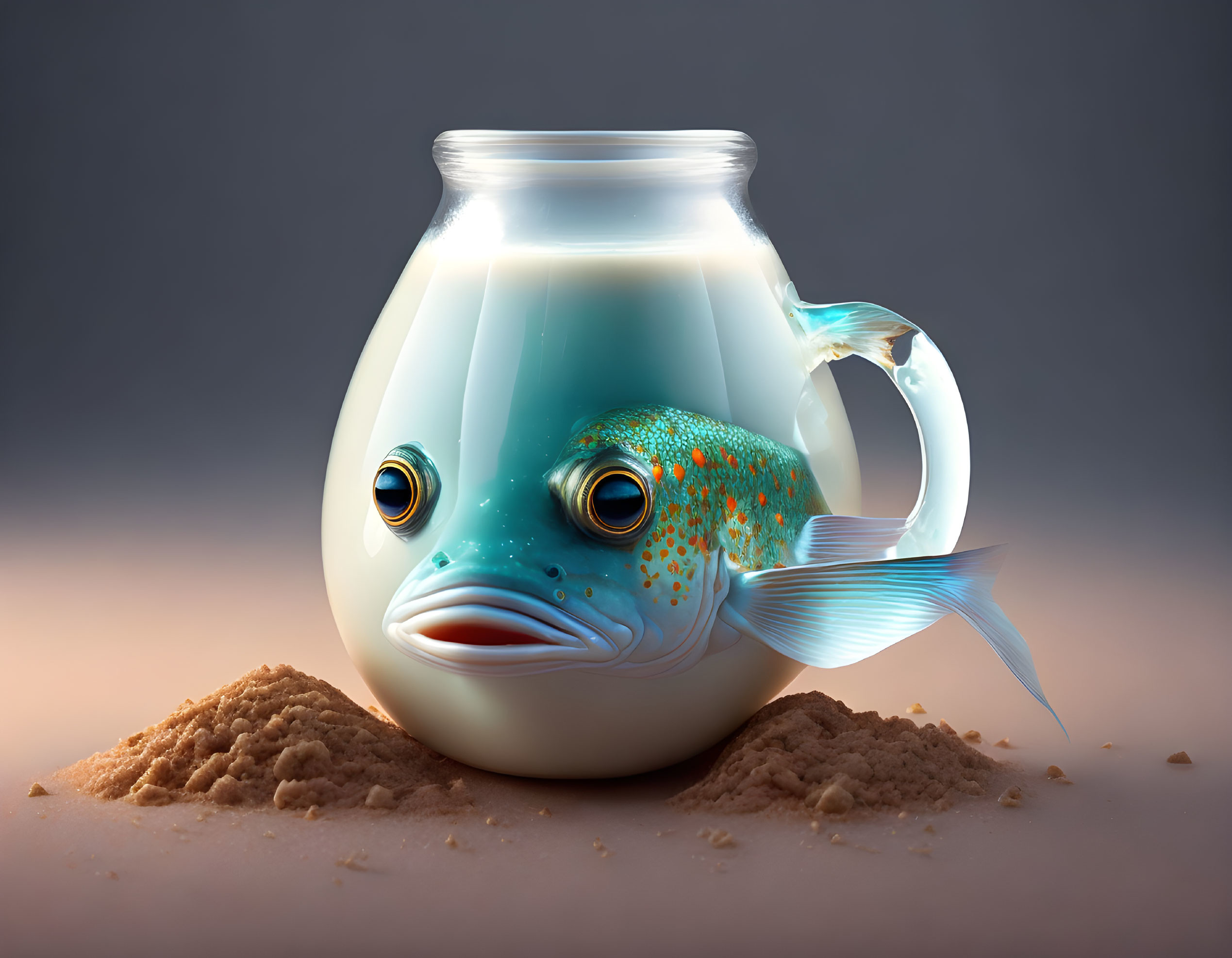 Fish merged with milk jug in whimsical setting