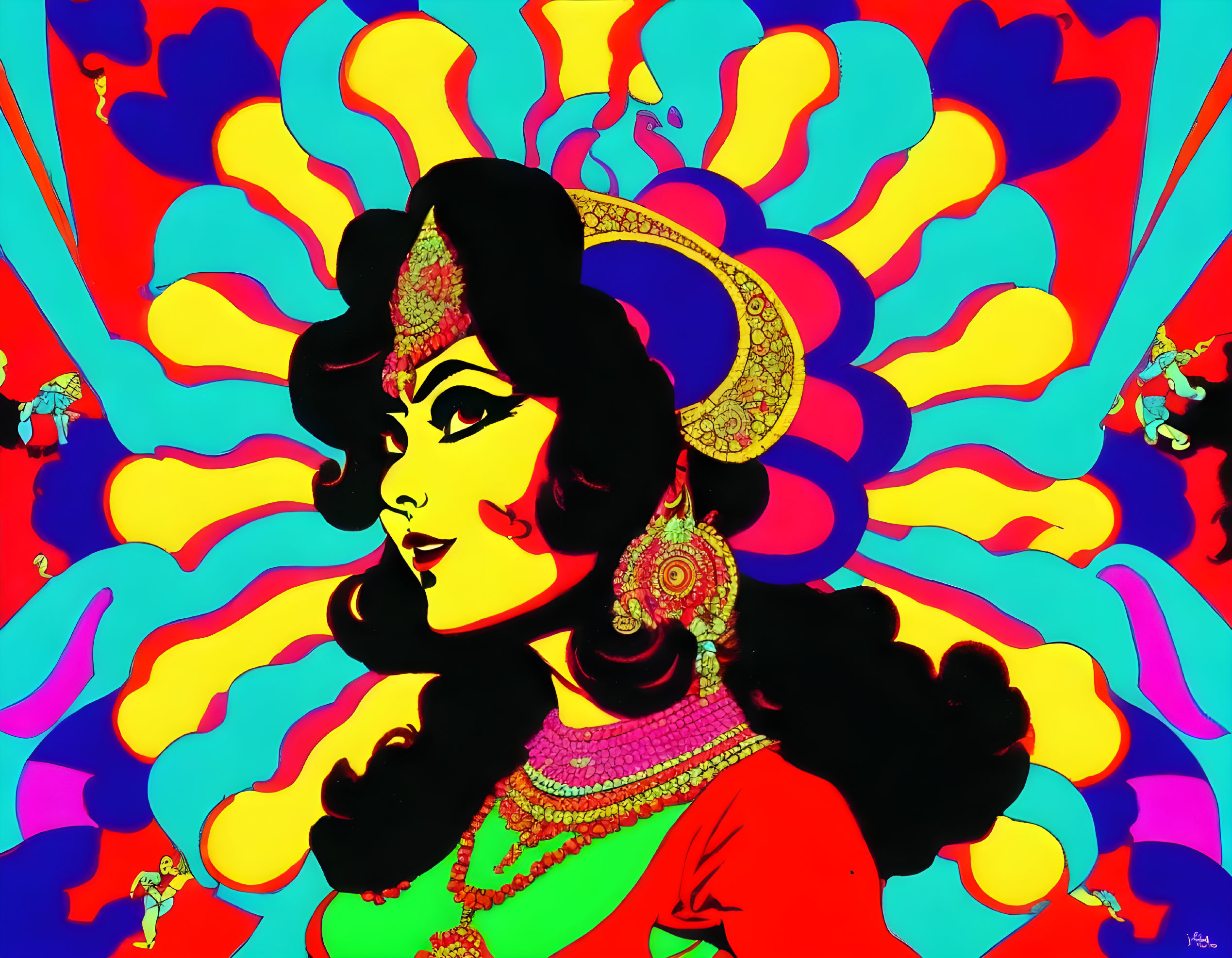 Colorful Pop Art Illustration of Indian Woman in Traditional Attire