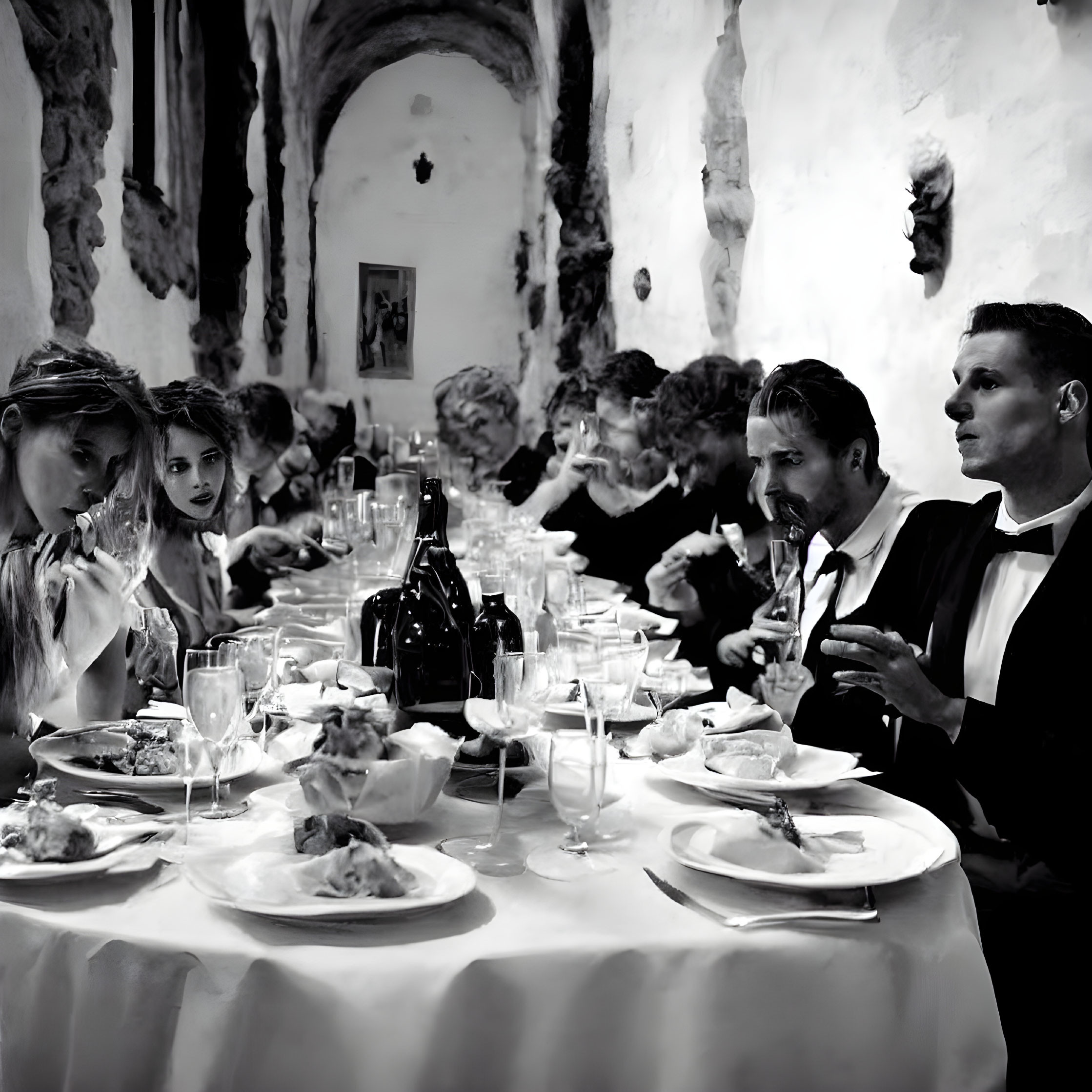 Elegantly dressed individuals at formal dinner event with wine glasses.