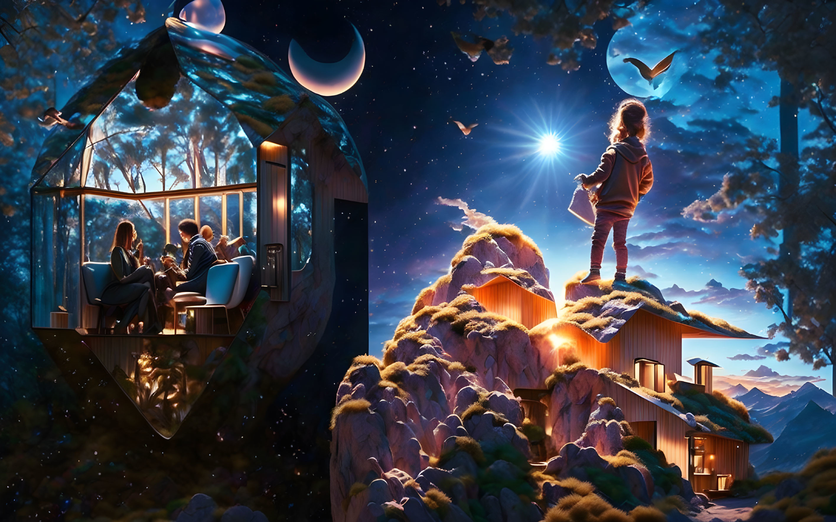 Child reaching for star on rock outcropping above modern house and glass balcony at night