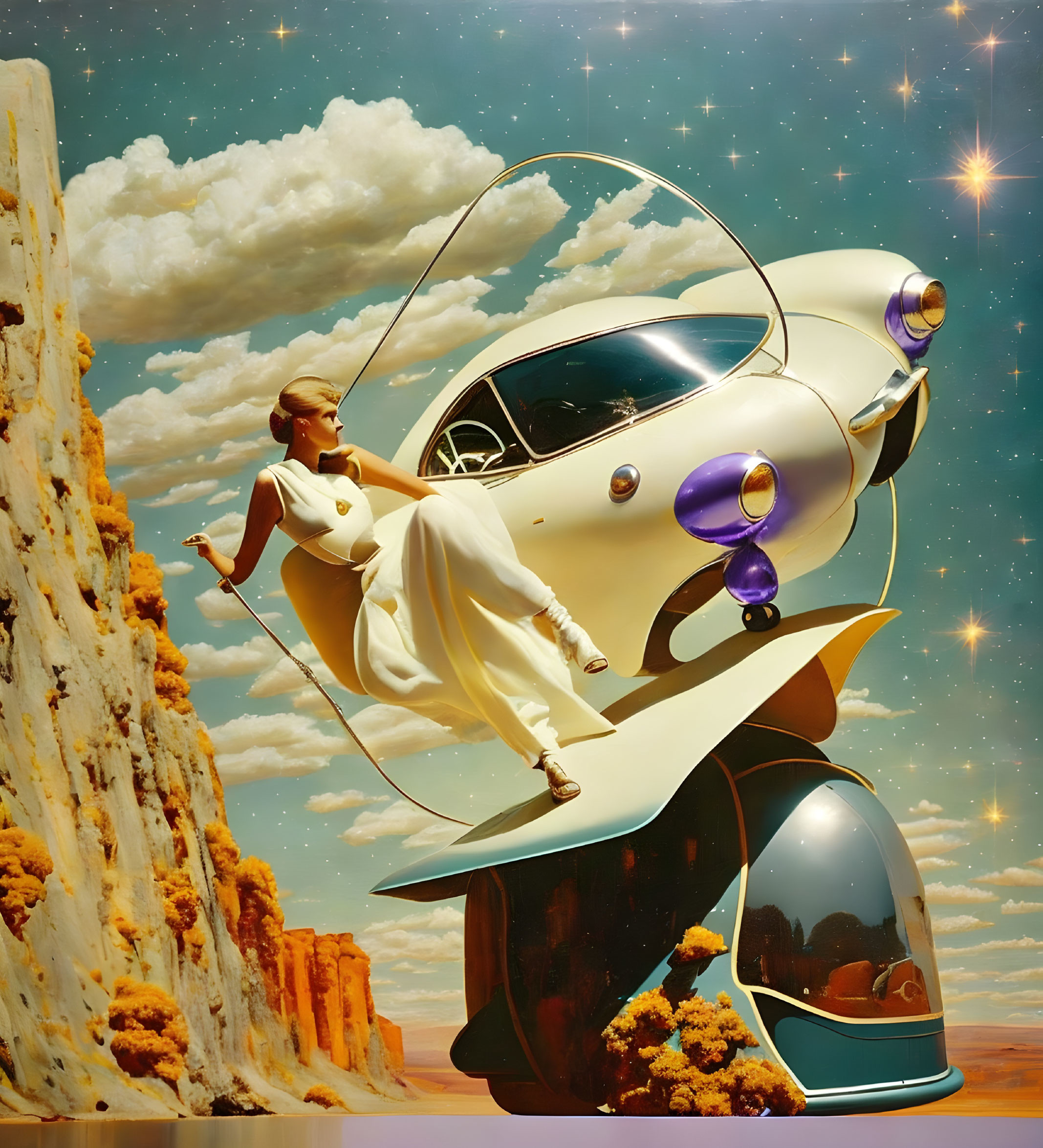 Futuristic woman in white dress on flying car above desert mesa