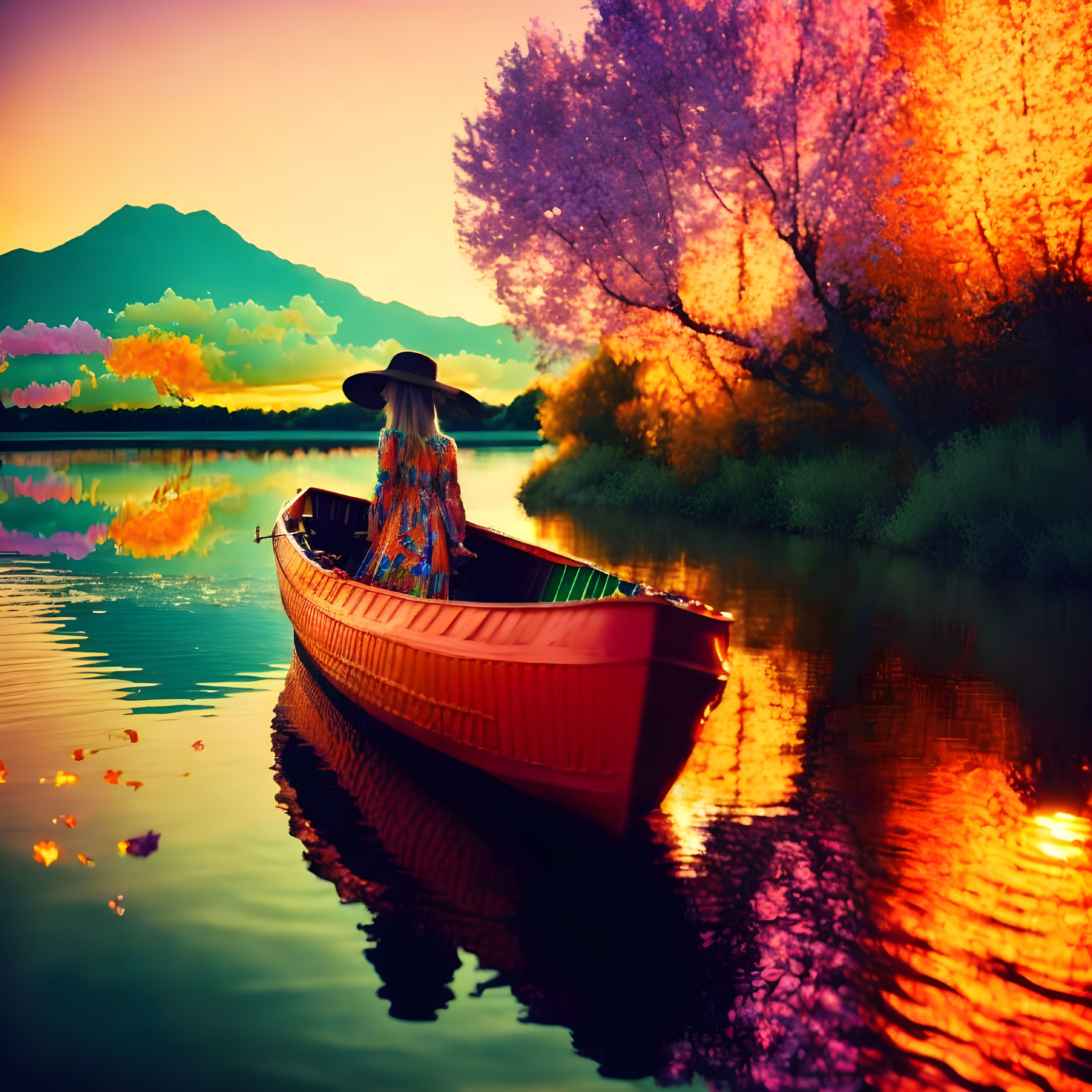 Person in hat on red boat at sunset on tranquil lake with vibrant trees & mountain