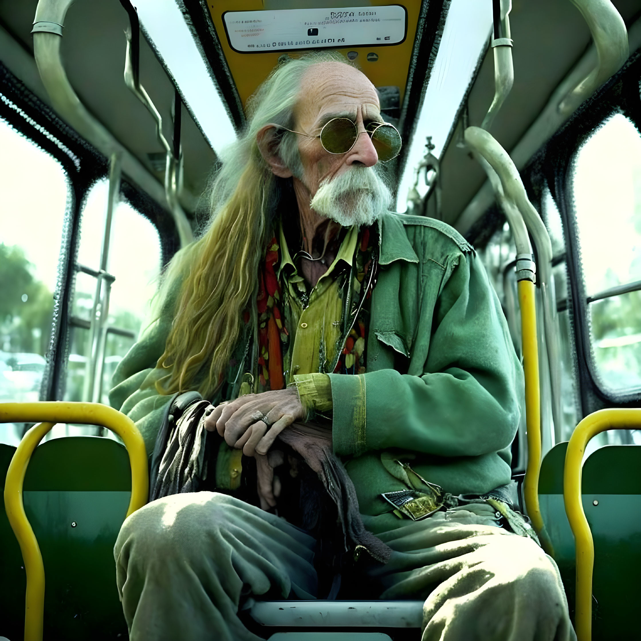 Elderly man with gray beard and sunglasses on bus with cane