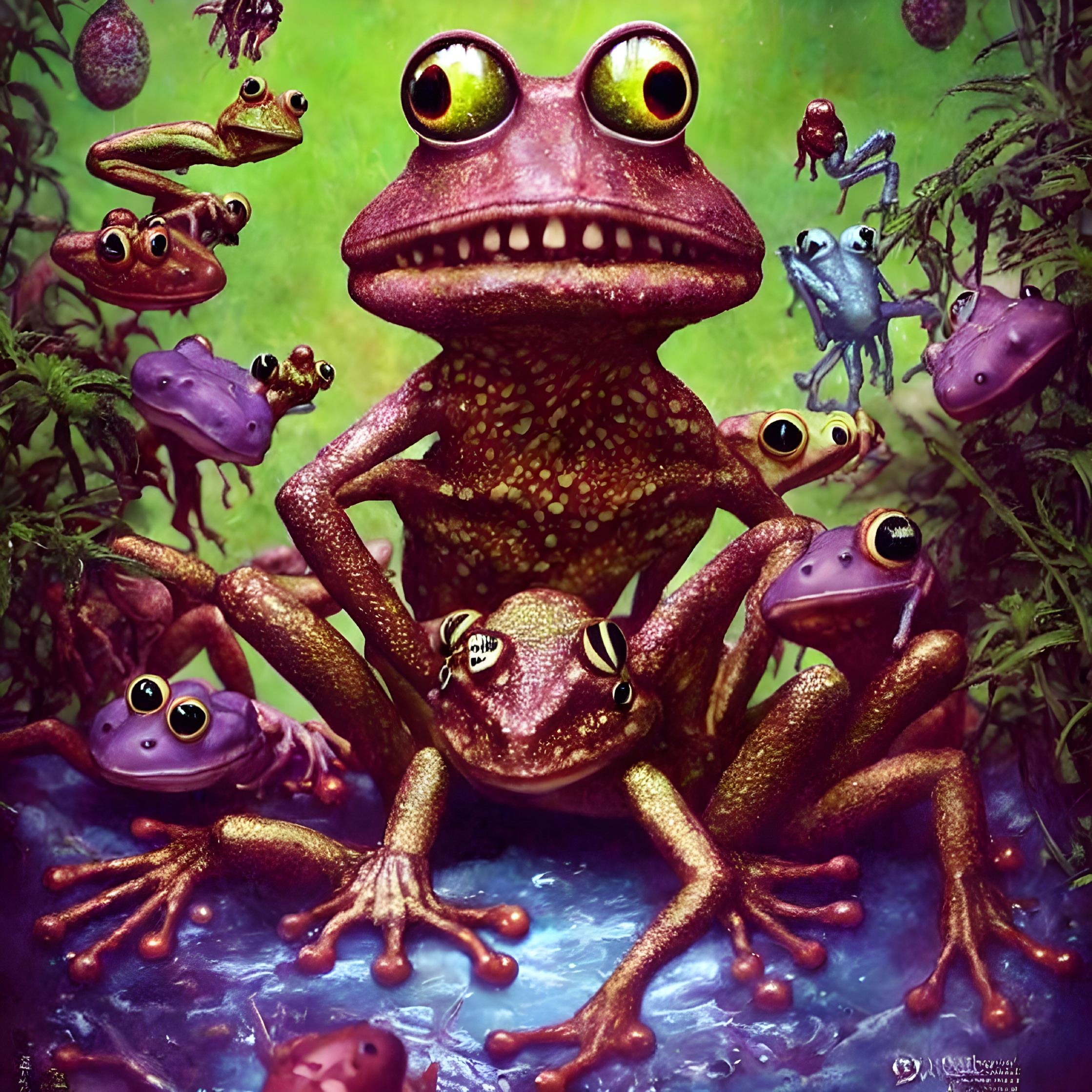 Colorful Frogs with Exaggerated Eyes in Whimsical Swamp Setting