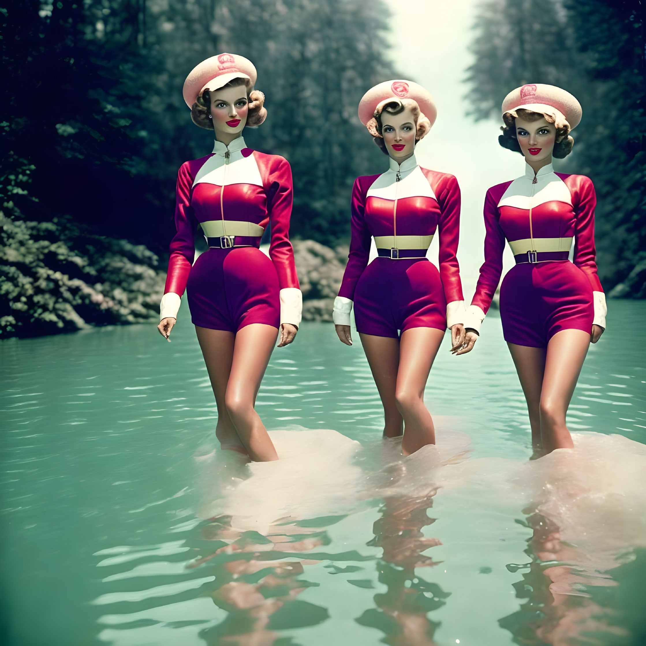 Vintage-style female figures in red and purple uniforms standing in misty forest water.