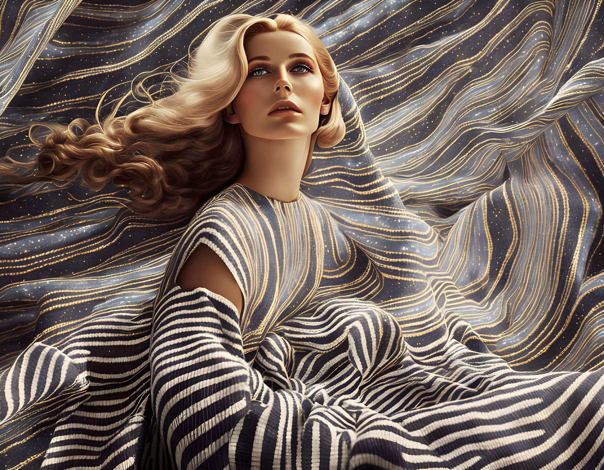 Blonde woman in striped garment against starry backdrop