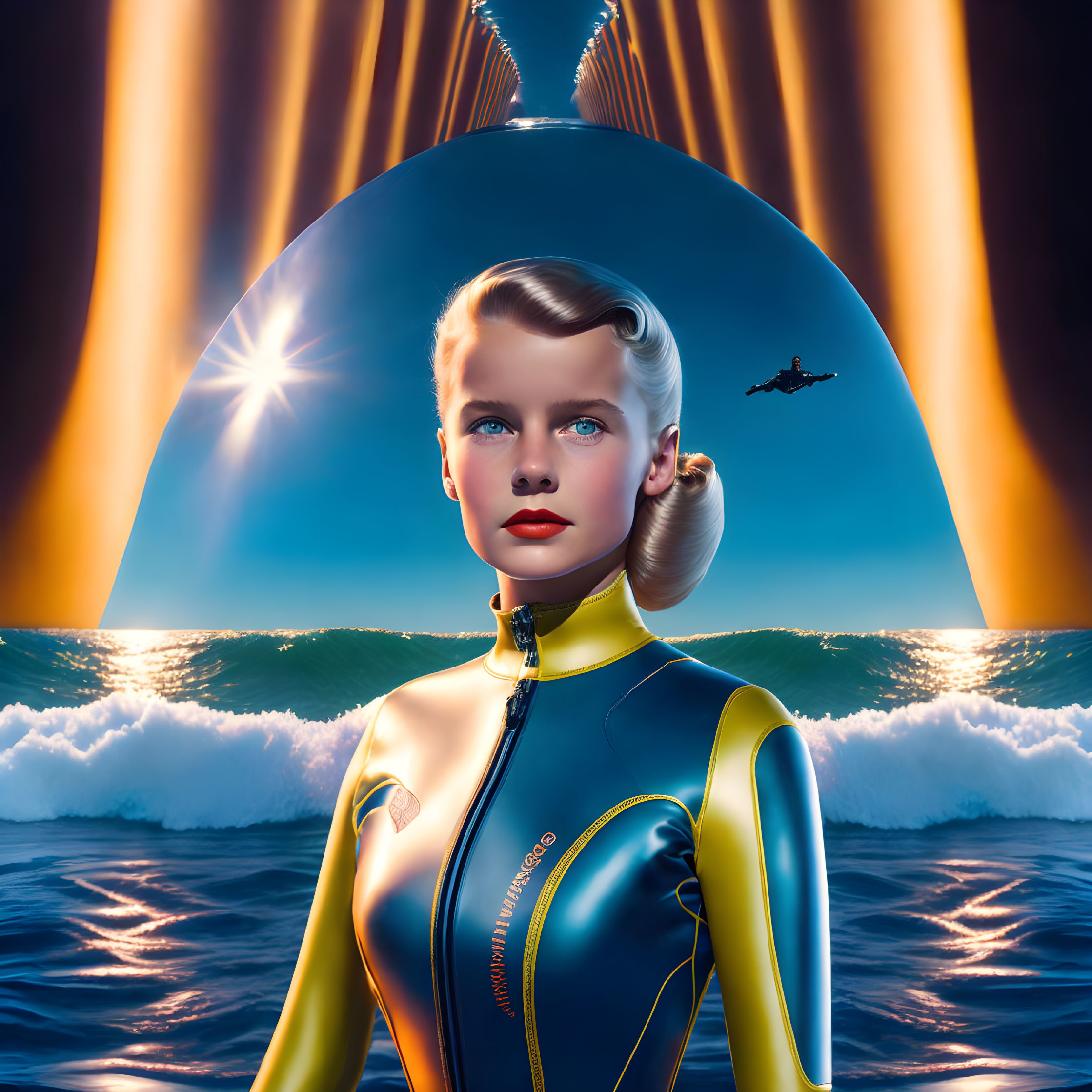 Futuristic woman in yellow-trimmed wetsuit with surreal waves, whale tail, and