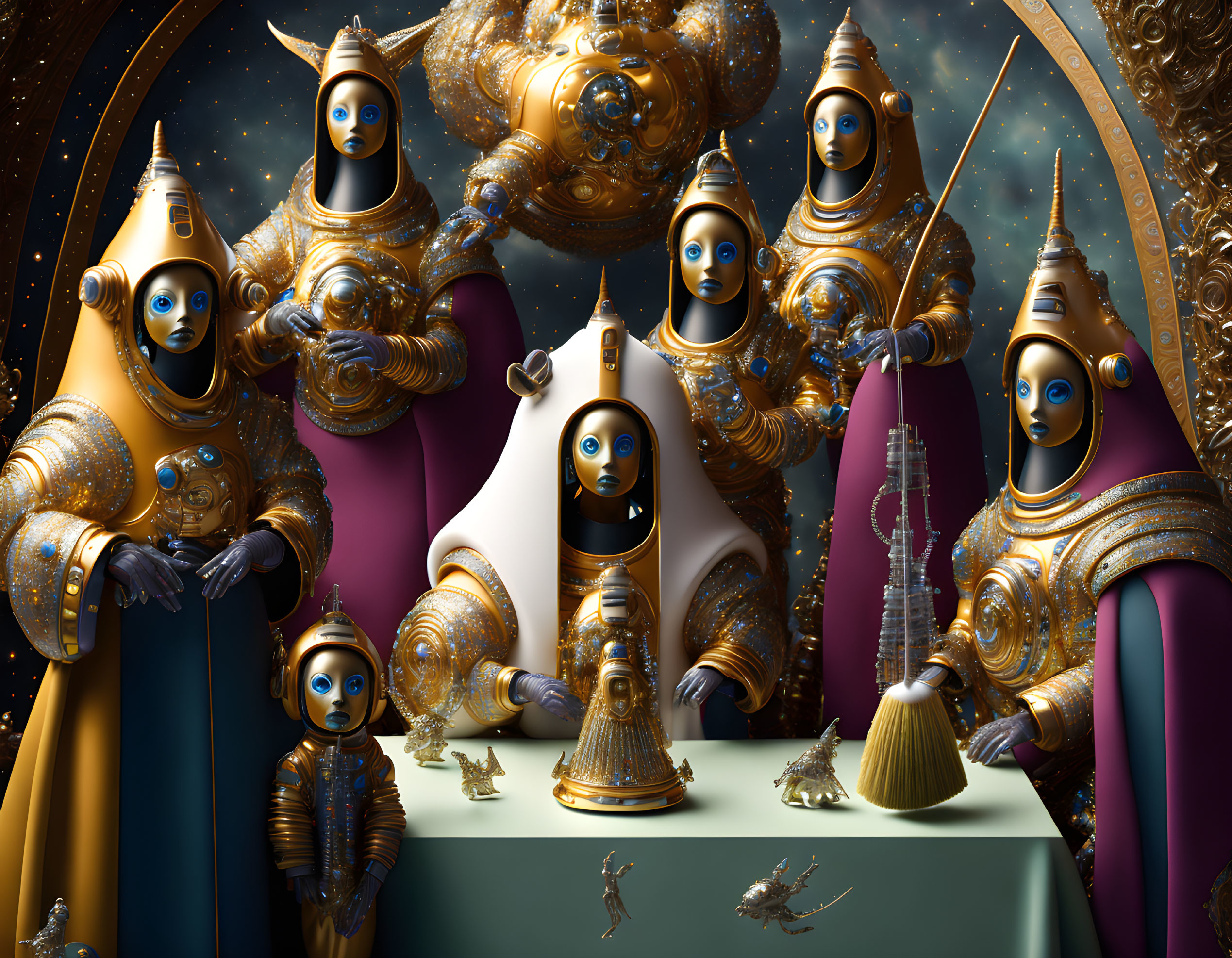 Regal humanoid robots with gold and gem-like adornments