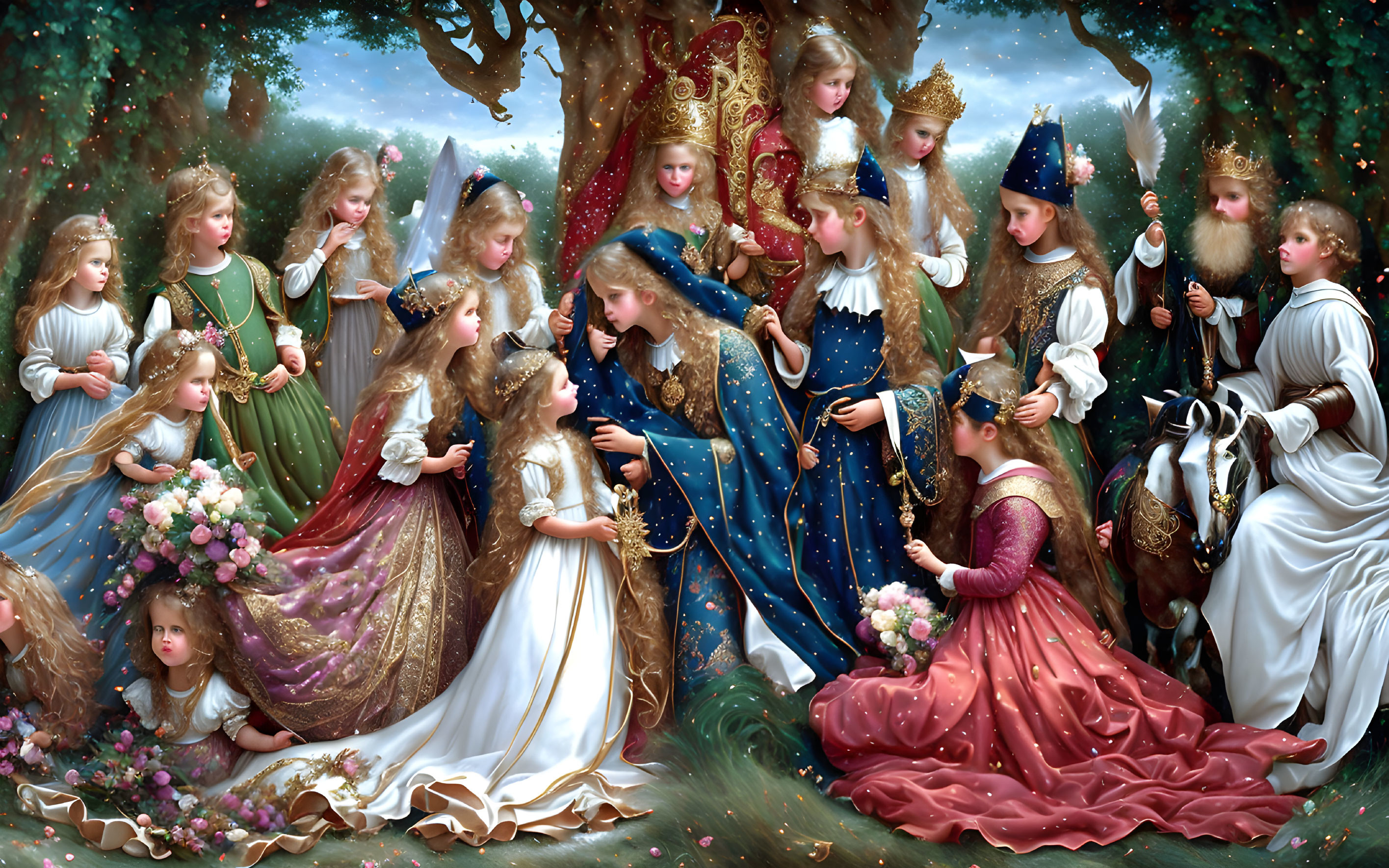 Elaborately Dressed Children in Whimsical Forest Setting