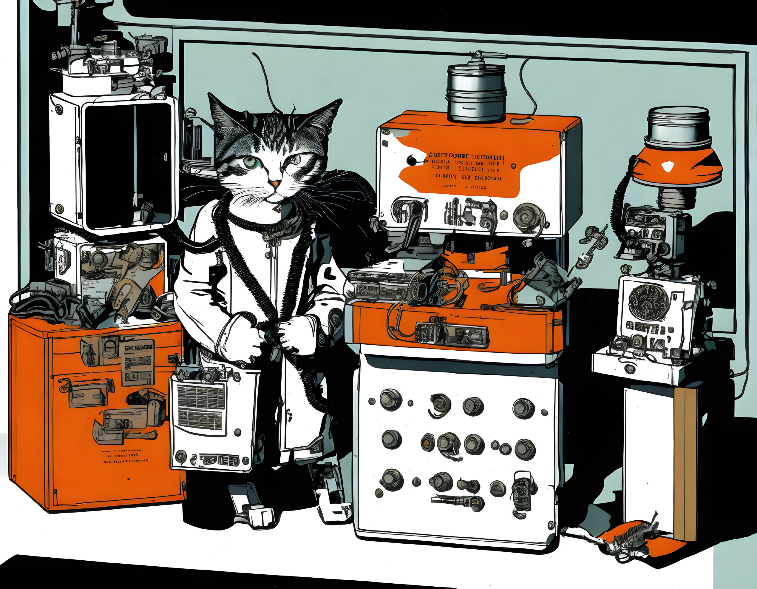 Cat in lab coat with retro-futuristic machines in orange and black palette