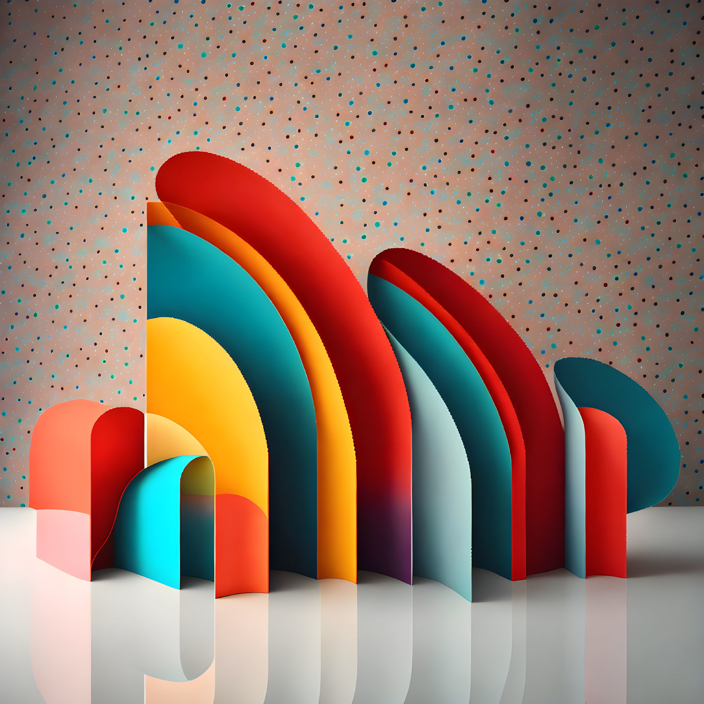 Vibrant 3D paper arches in red, orange, and blue hues on a dotted