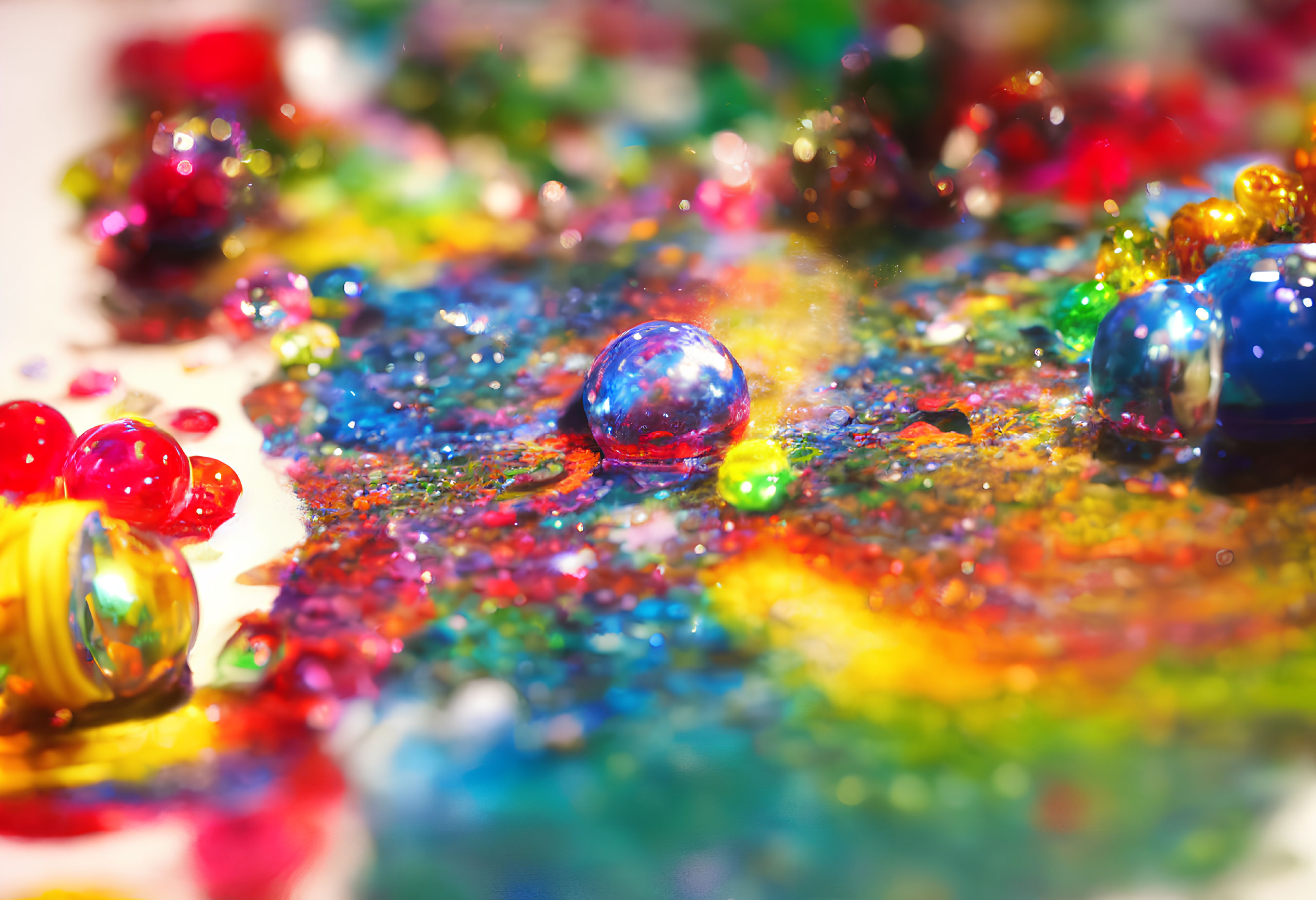 Colorful Marbles and Spilled Paint Create Abstract Scene