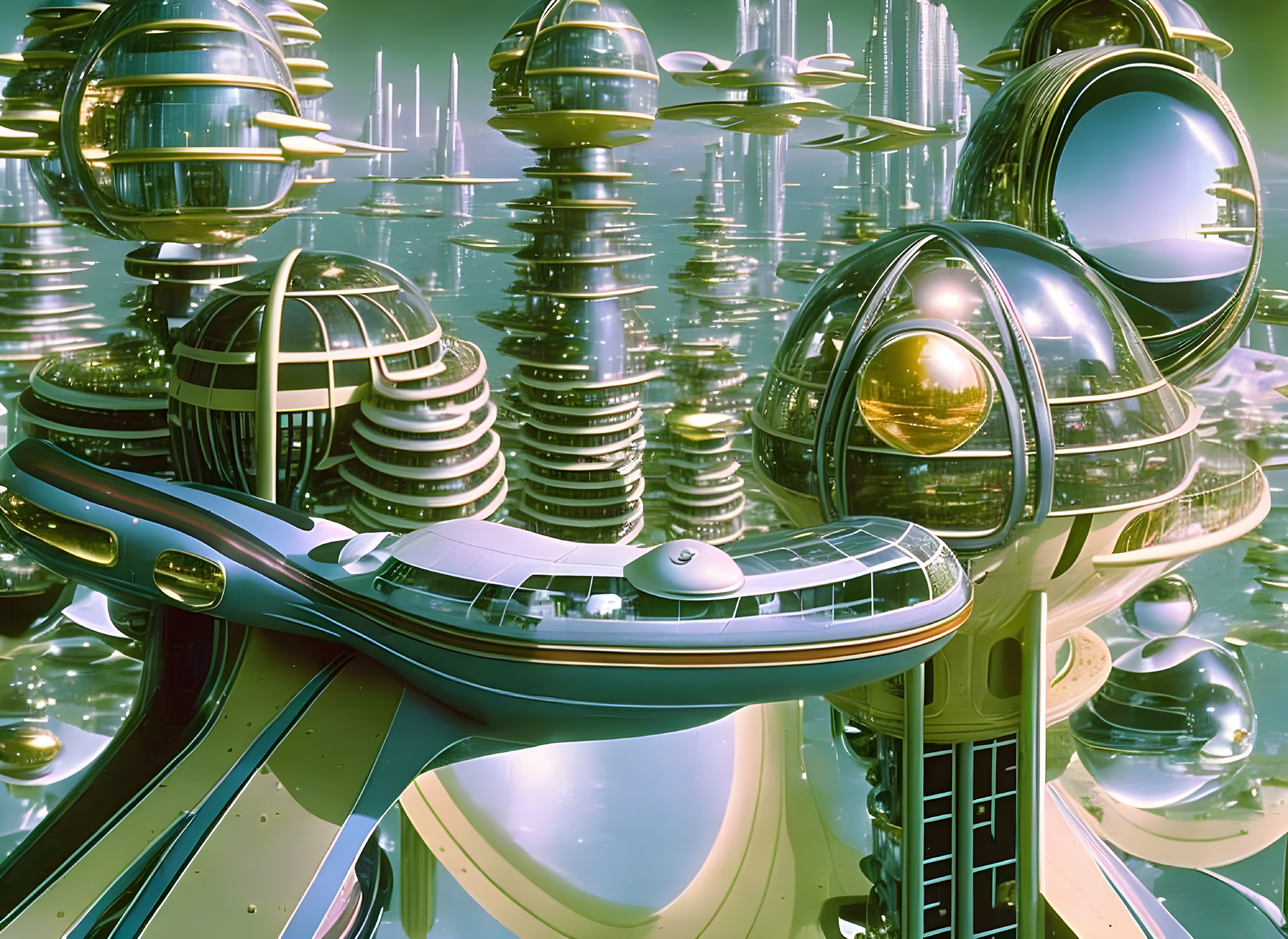 Futuristic Cityscape with Metallic Domes and Spires