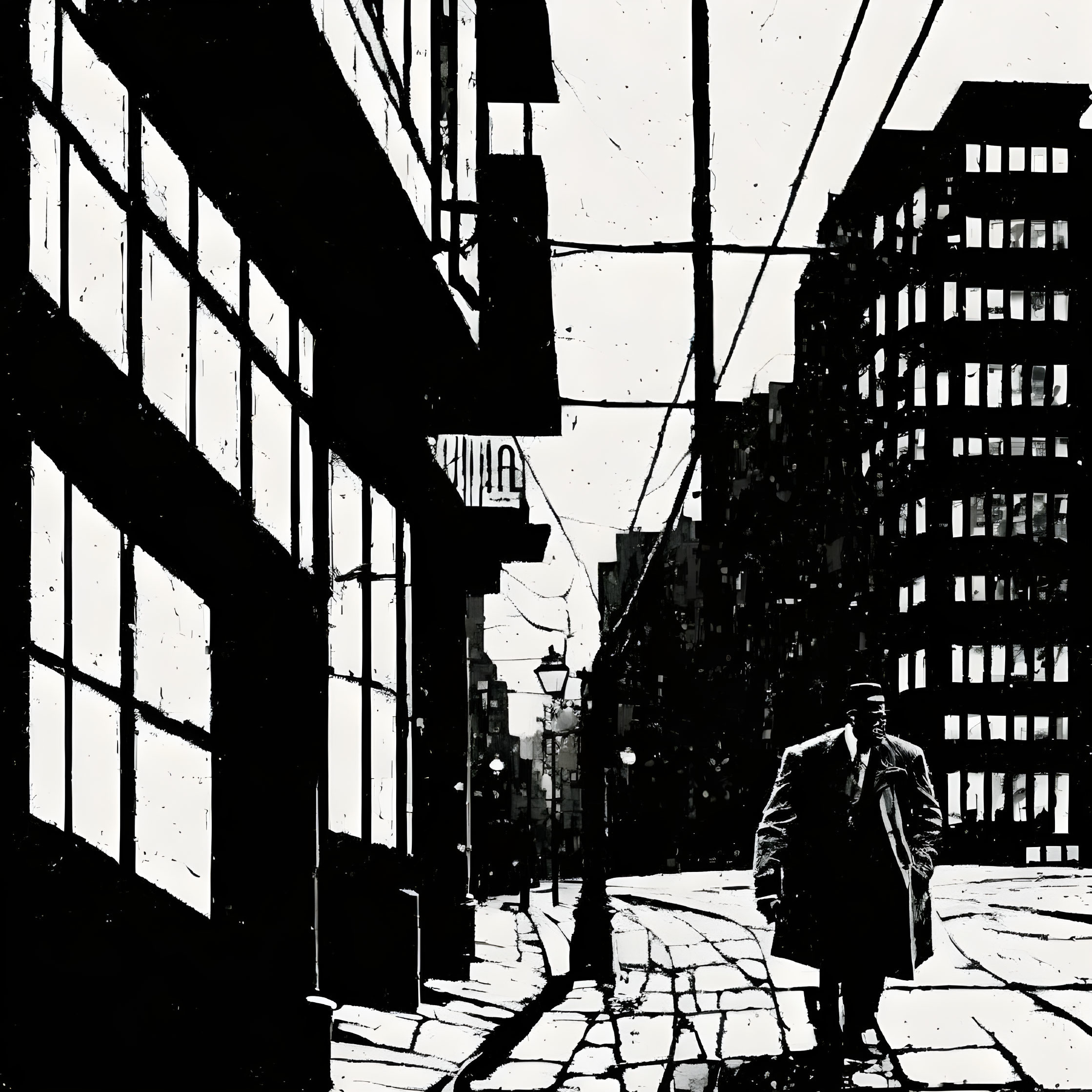 Monochrome cityscape with person walking amid buildings