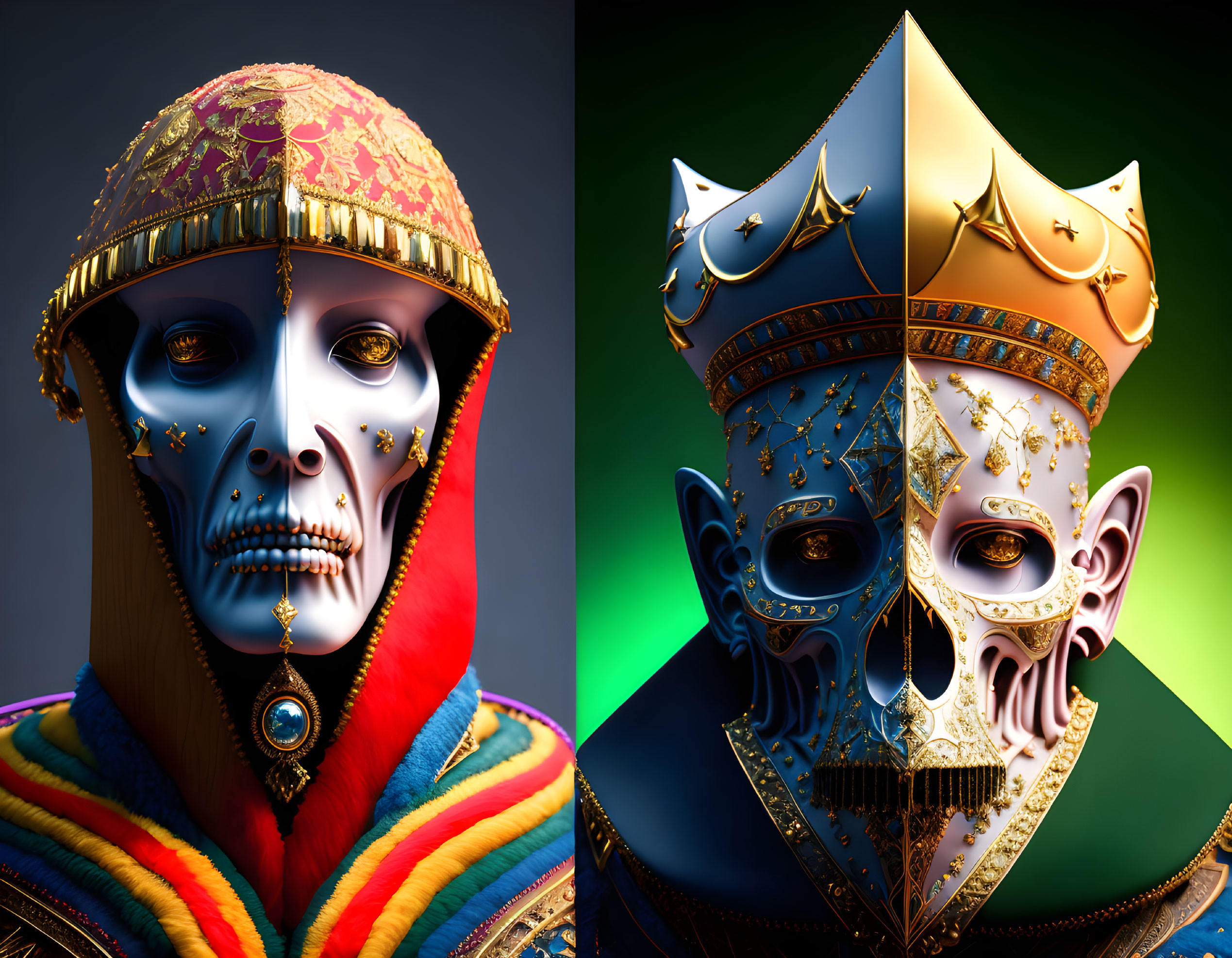 Colorful Egyptian-style humanoid figures with ornate headdresses and skull faces on gradient backdrop