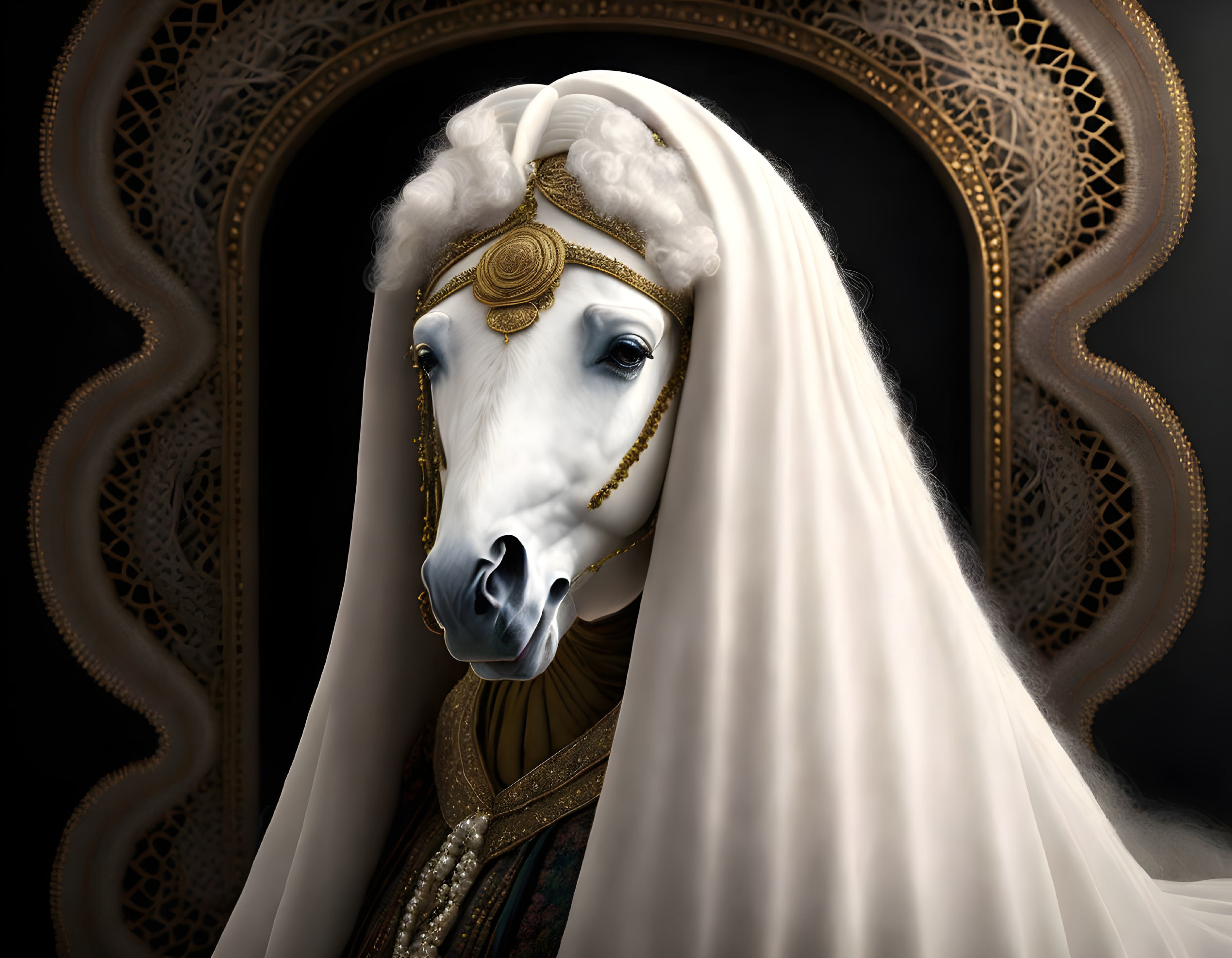 Majestic white horse with ornate headdress and veil on dark backdrop