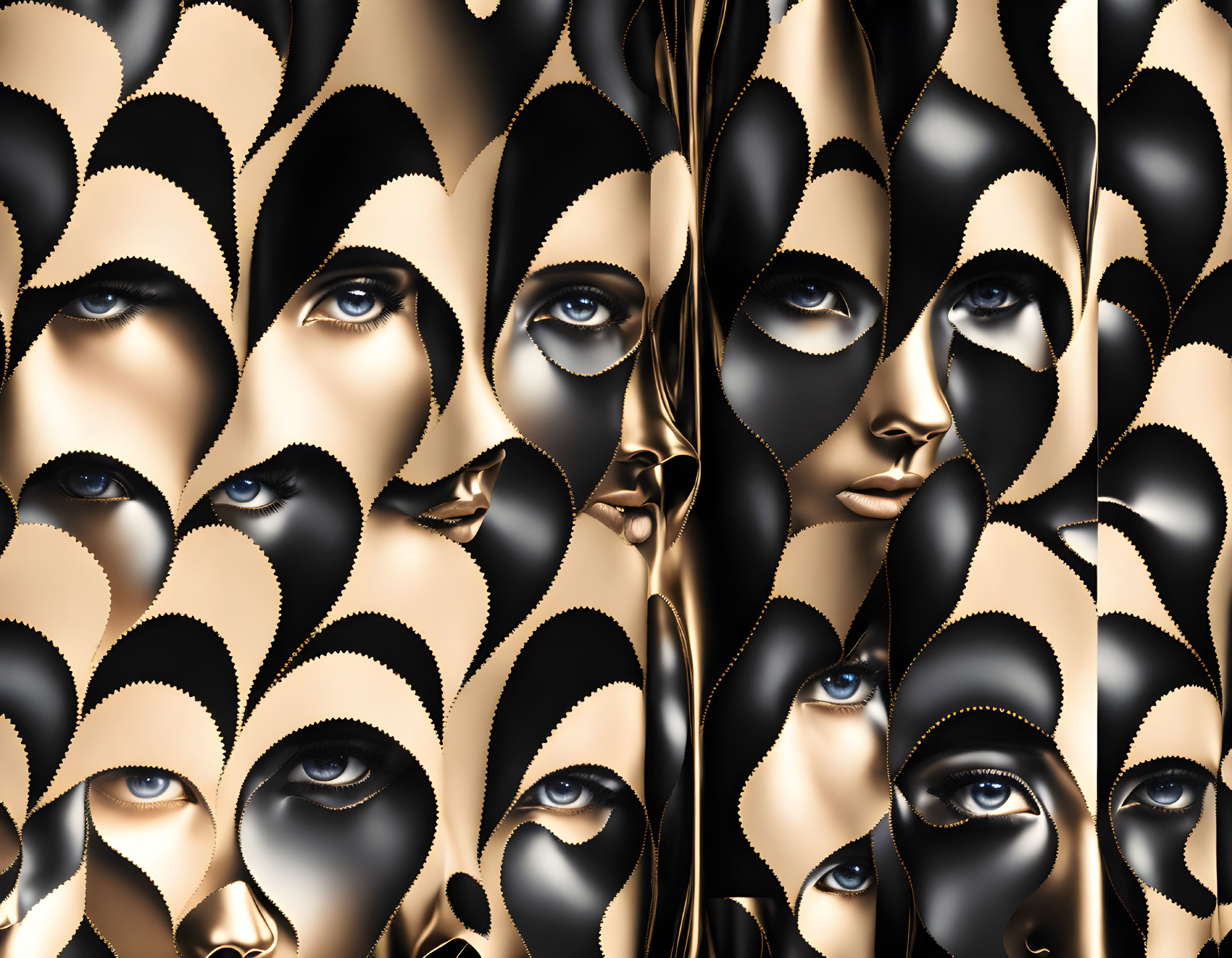 Stylized metallic gold and black faces in continuous pattern