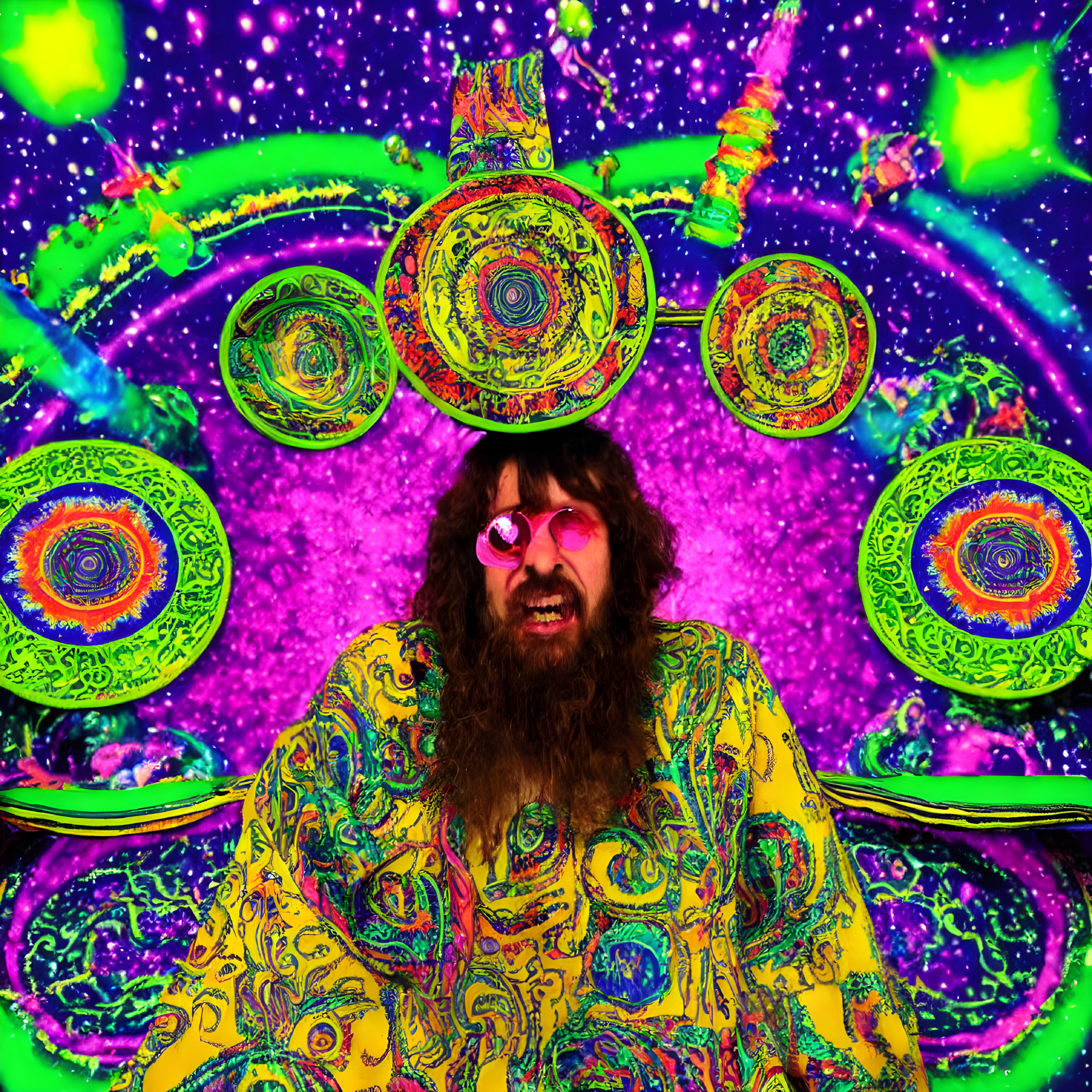 Bearded person in pink sunglasses with long hair, wearing vibrant yellow shirt amidst swirling fractal designs