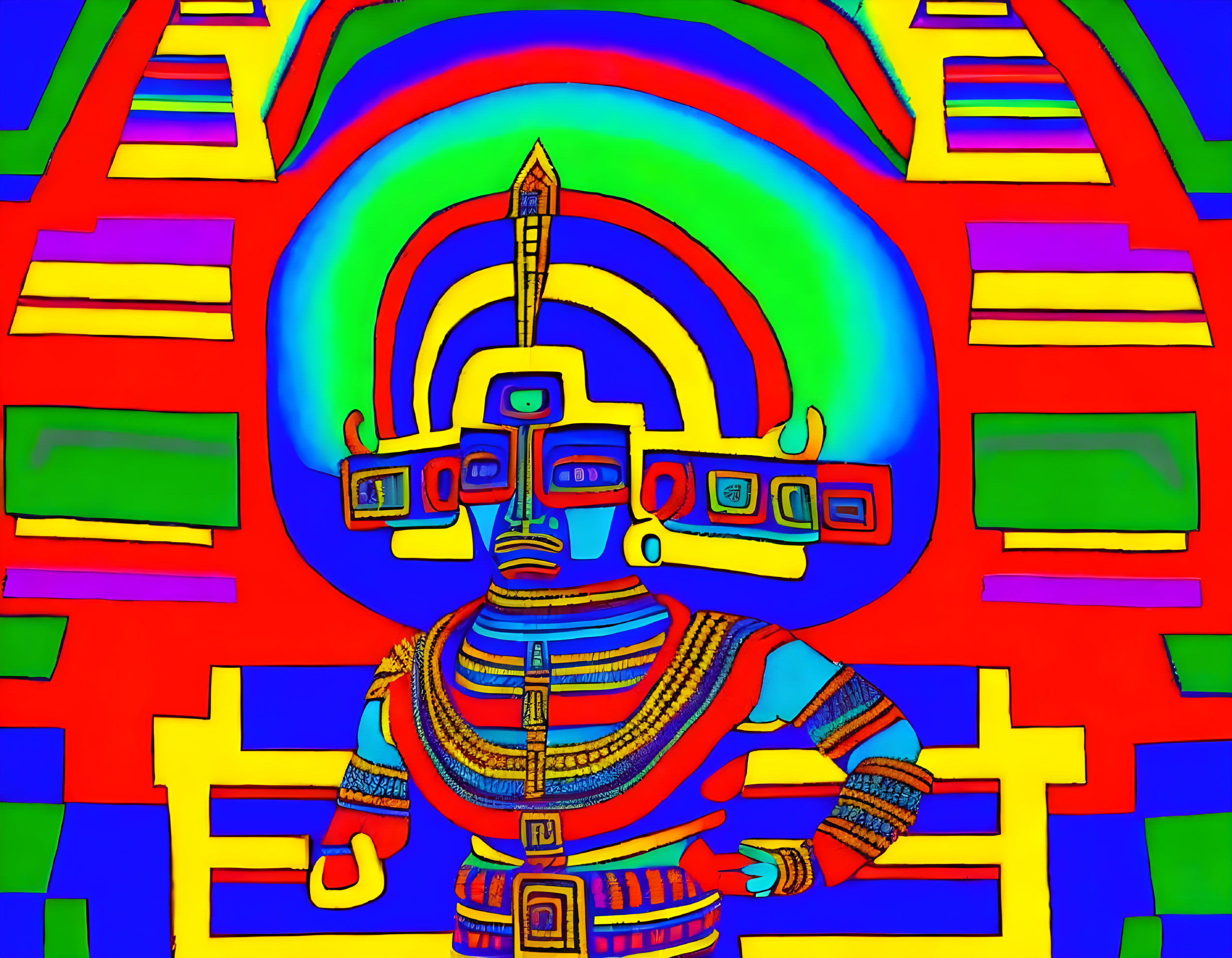 Vibrant digital art: stylized figure with Egyptian headdress on geometric background.