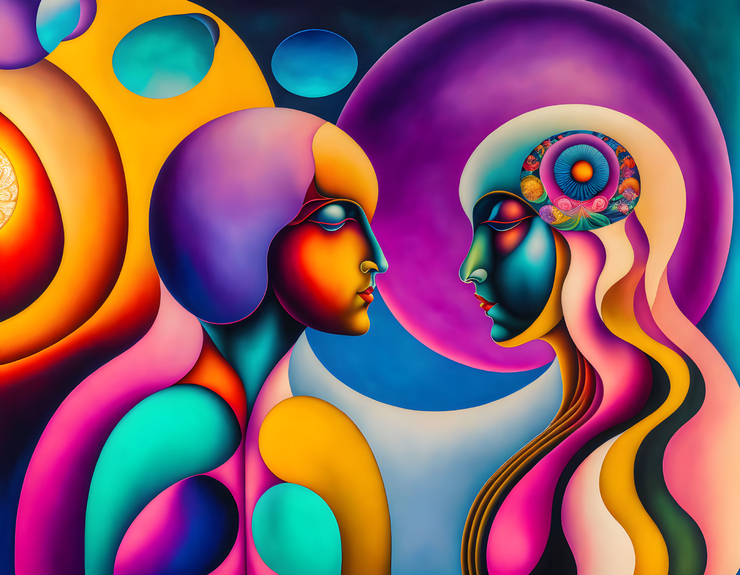 Colorful profile faces on cosmic backdrop with abstract patterns