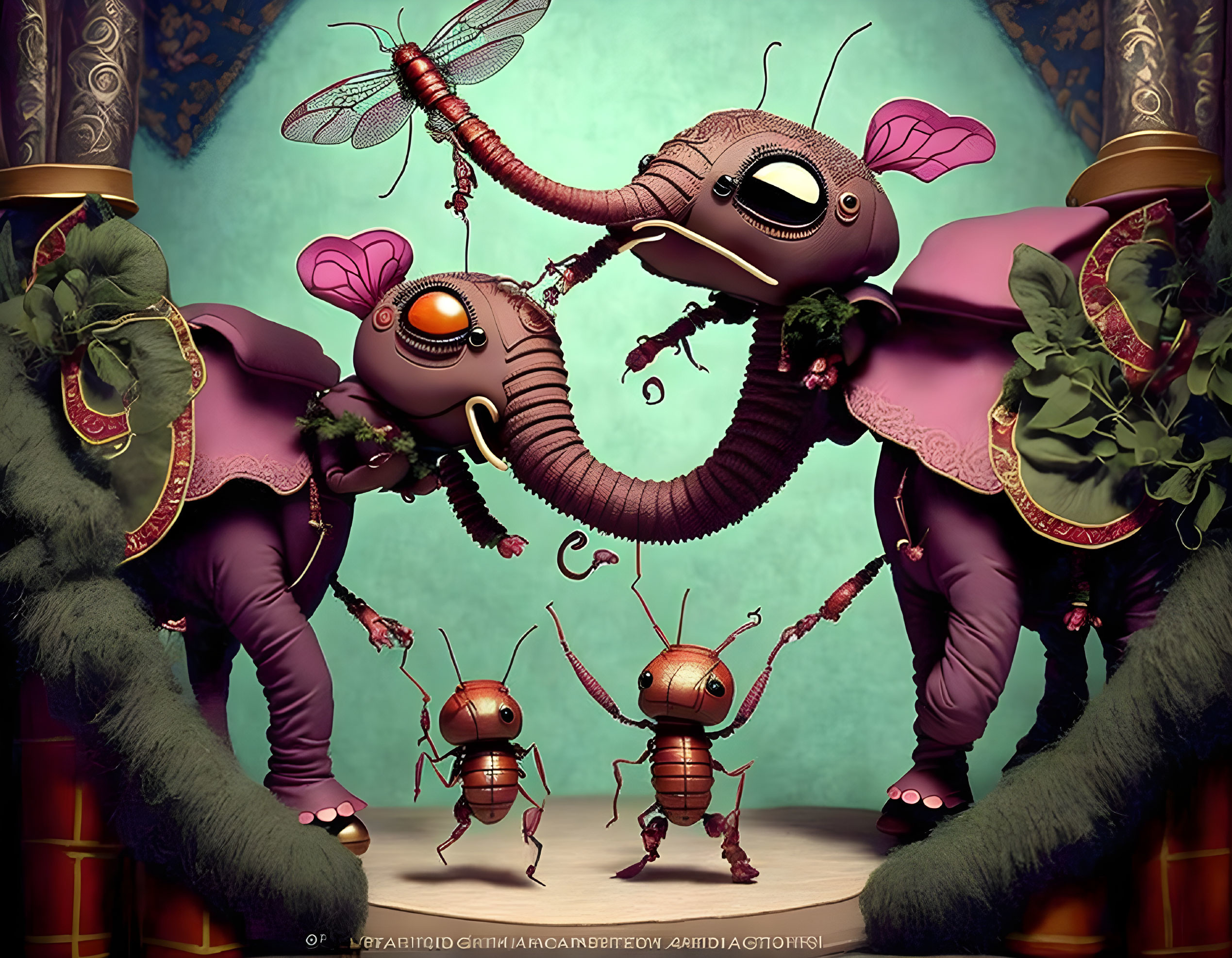 Whimsical elephants with mechanical enhancements and ant-like creatures on stage